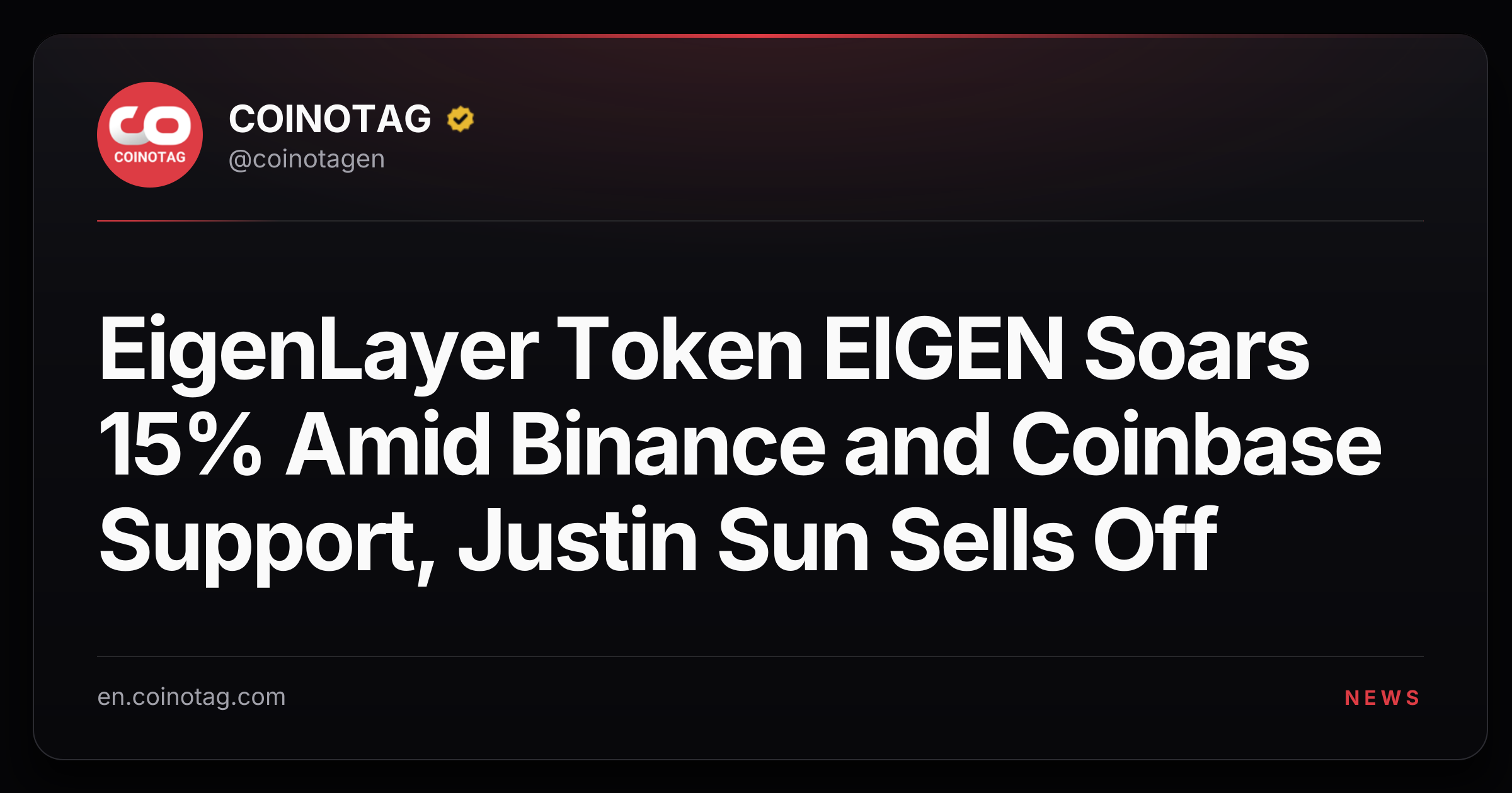 EigenLayer Token EIGEN Soars 15% Amid Binance and Coinbase Support, Justin Sun Sells Off