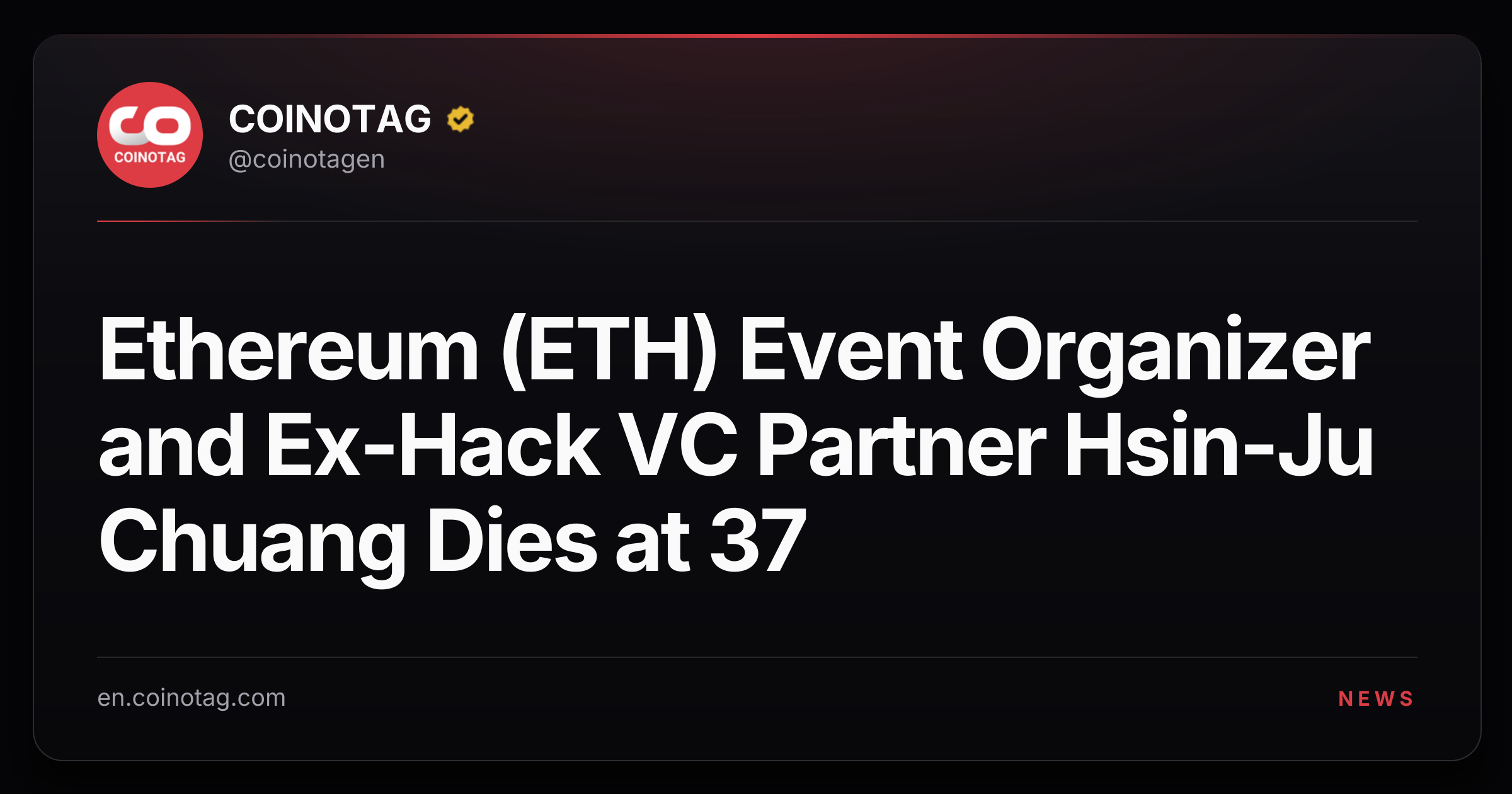 Ethereum (ETH) Event Organizer and Ex-Hack VC Partner Hsin-Ju Chuang Dies at 37