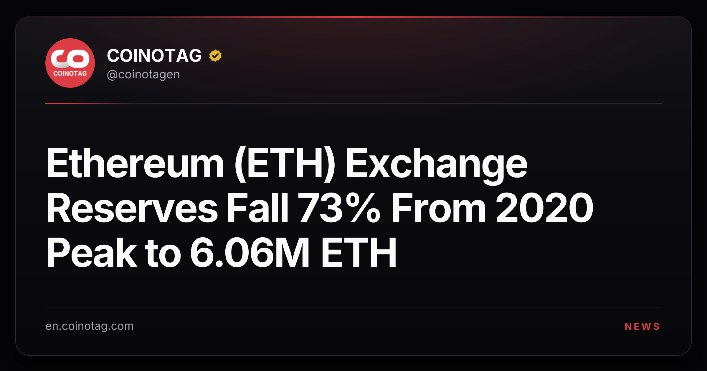 Ethereum (ETH) Exchange Reserves Fall 73% From 2020 Peak to 6.06M ETH