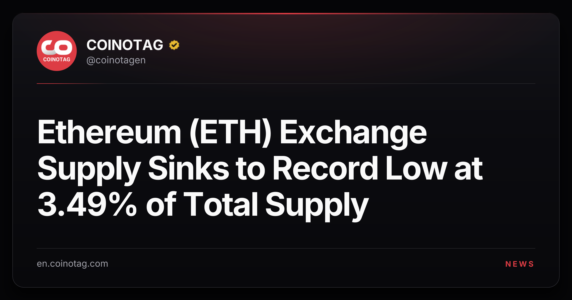Ethereum (ETH) Exchange Supply Sinks to Record Low at 3.49% of Total Supply