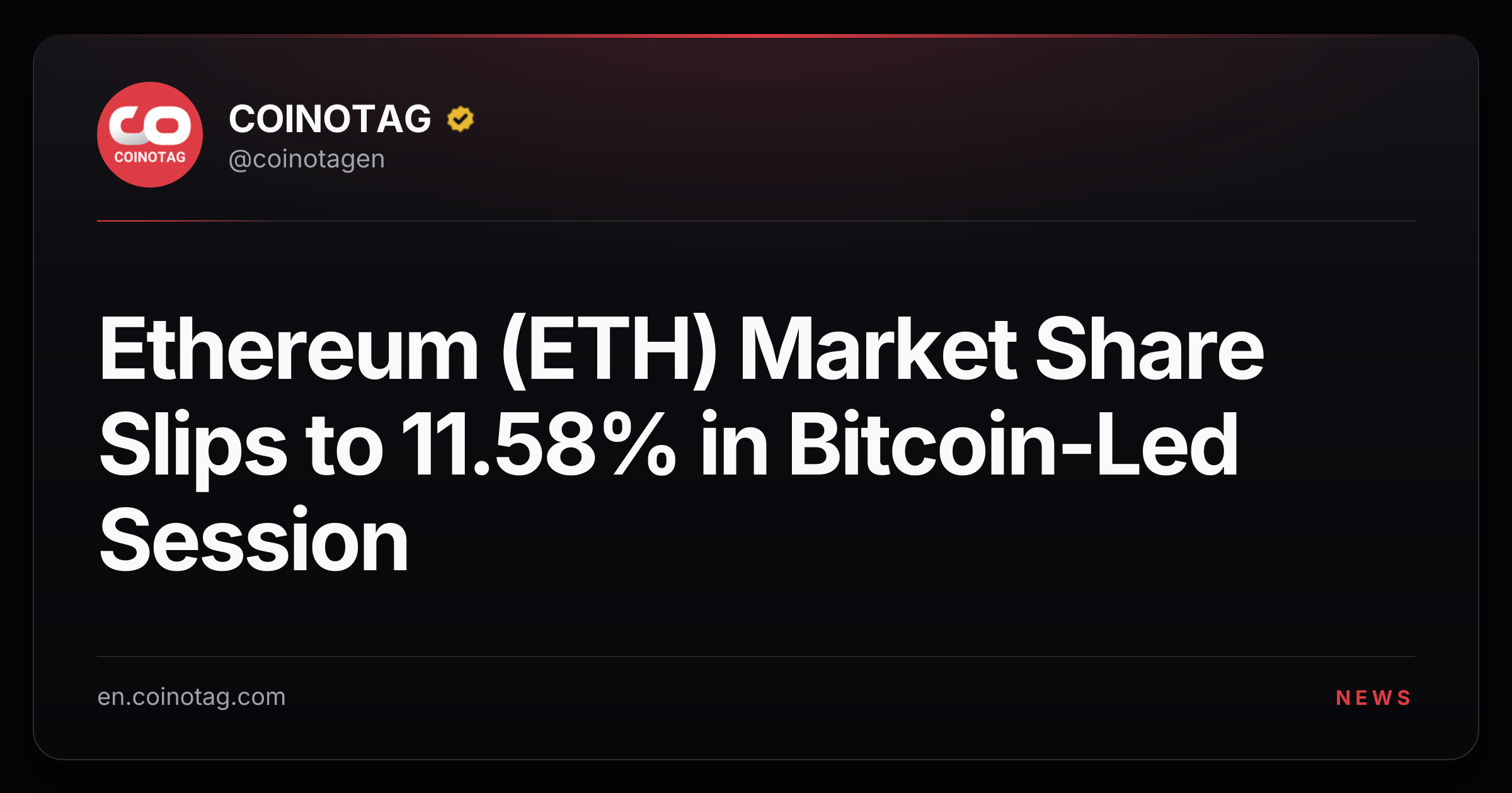 Ethereum (ETH) Market Share Slips to 11.58% in Bitcoin-Led Session