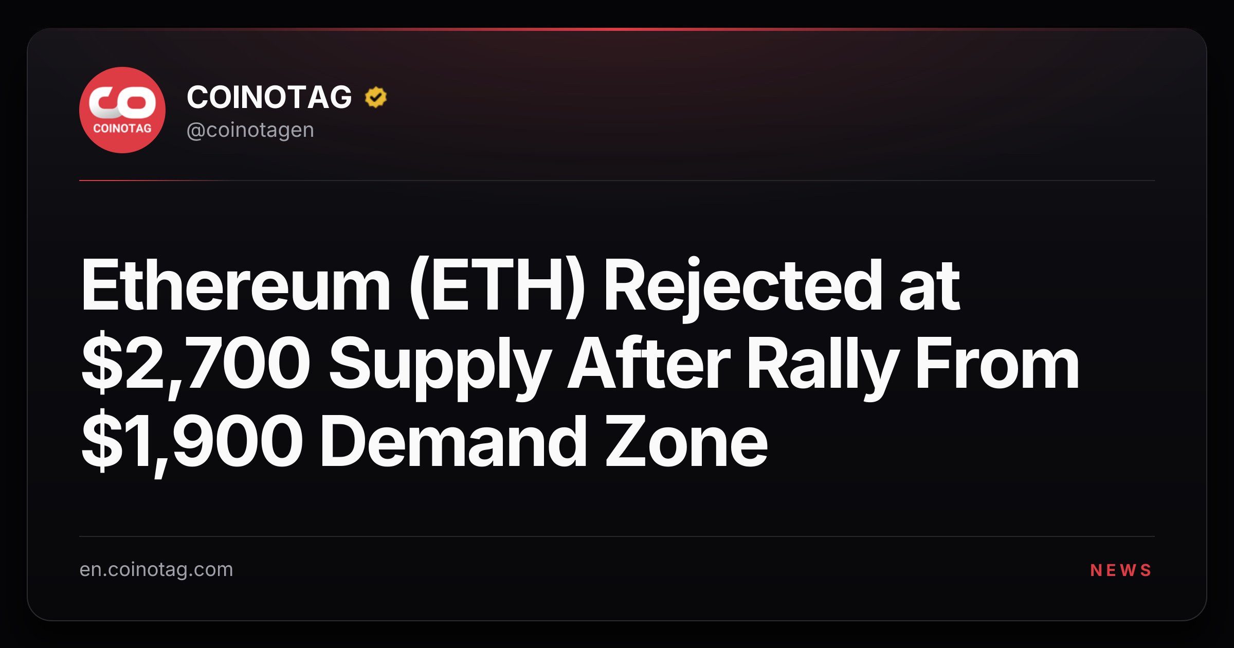 Ethereum (ETH) Rejected at $2,700 Supply After Rally From $1,900 Demand Zone