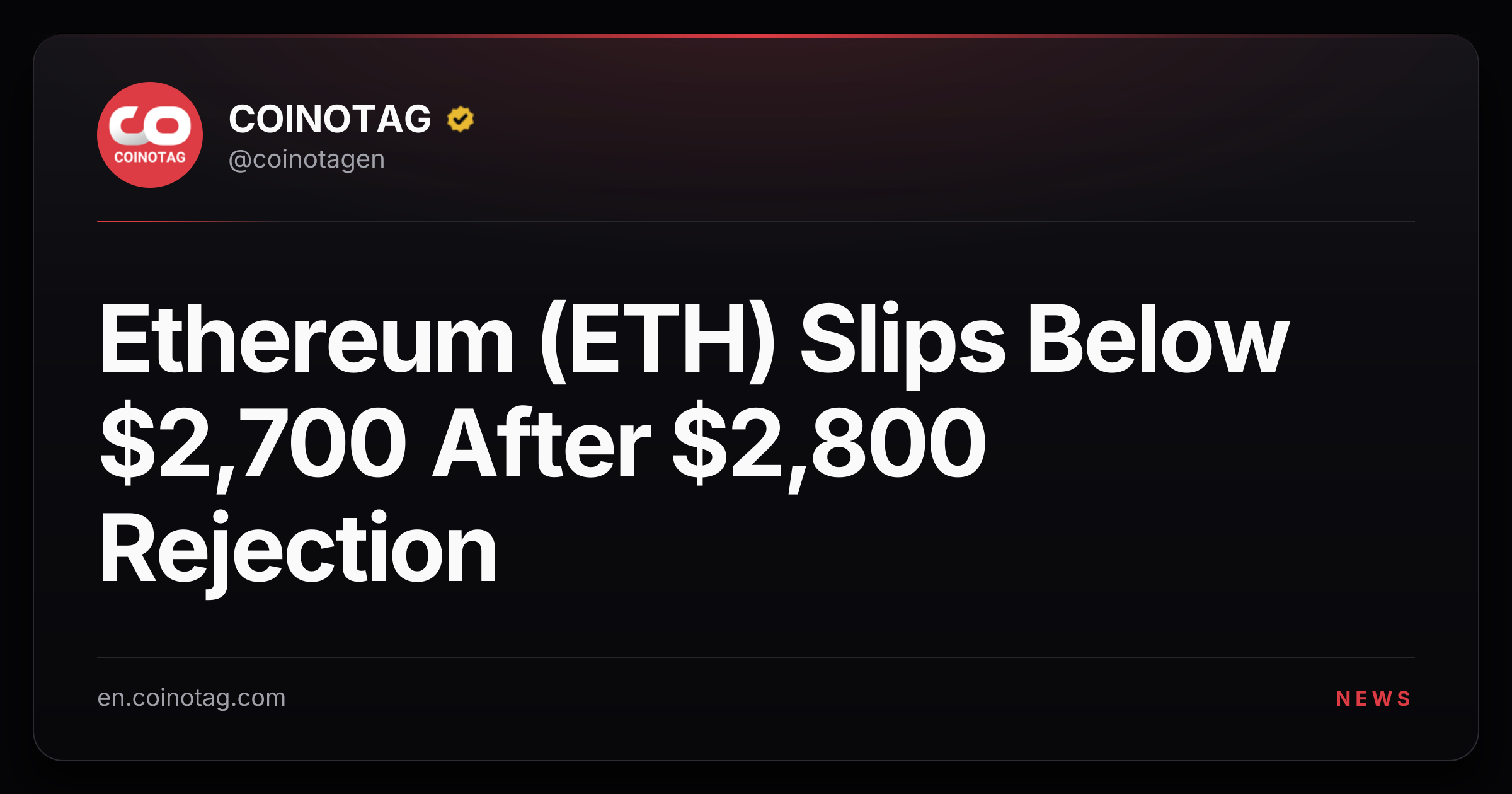 Ethereum (ETH) Slips Below $2,700 After $2,800 Rejection