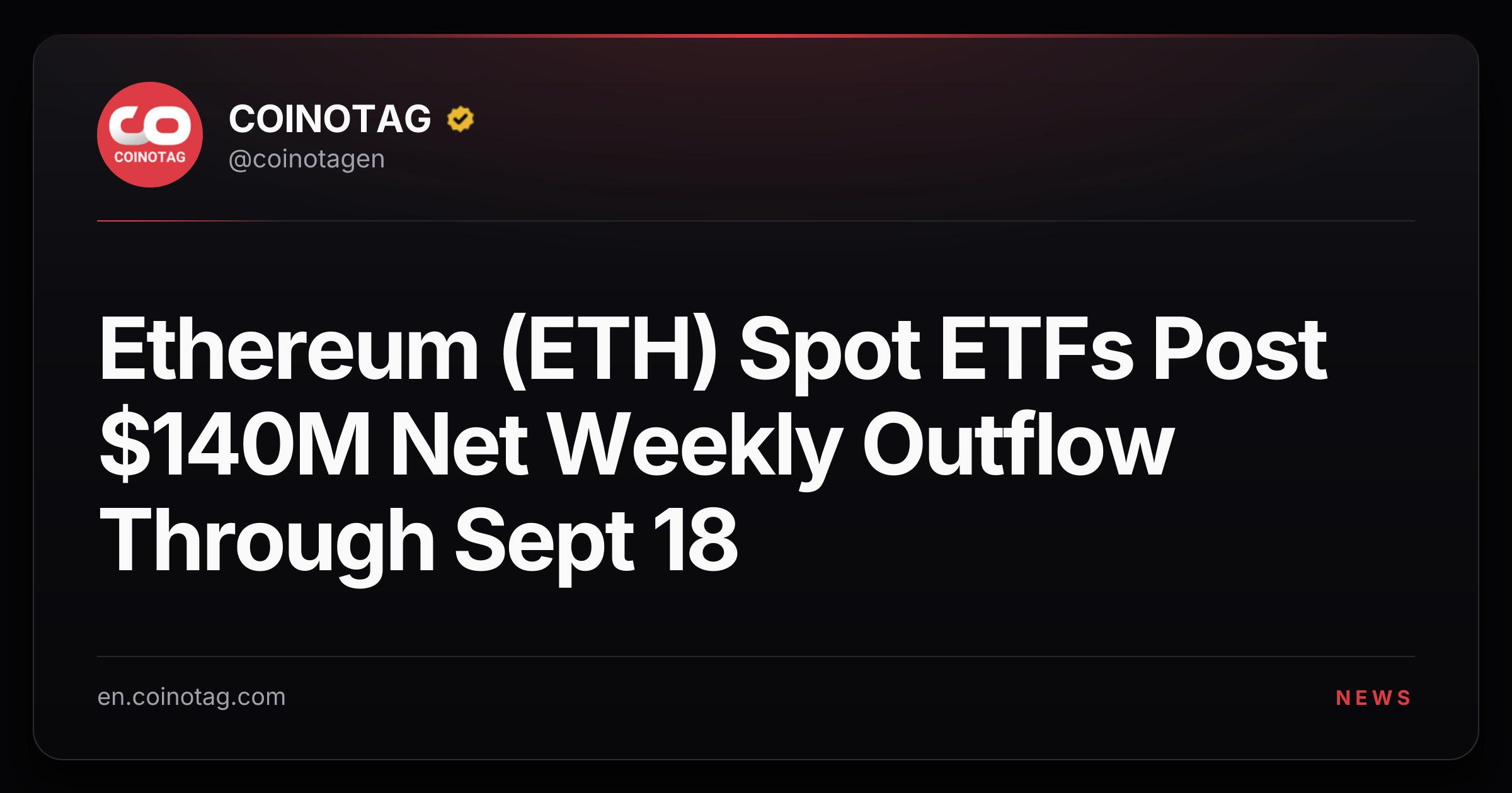 Ethereum (ETH) Spot ETFs Post $140M Net Weekly Outflow Through Sept 18