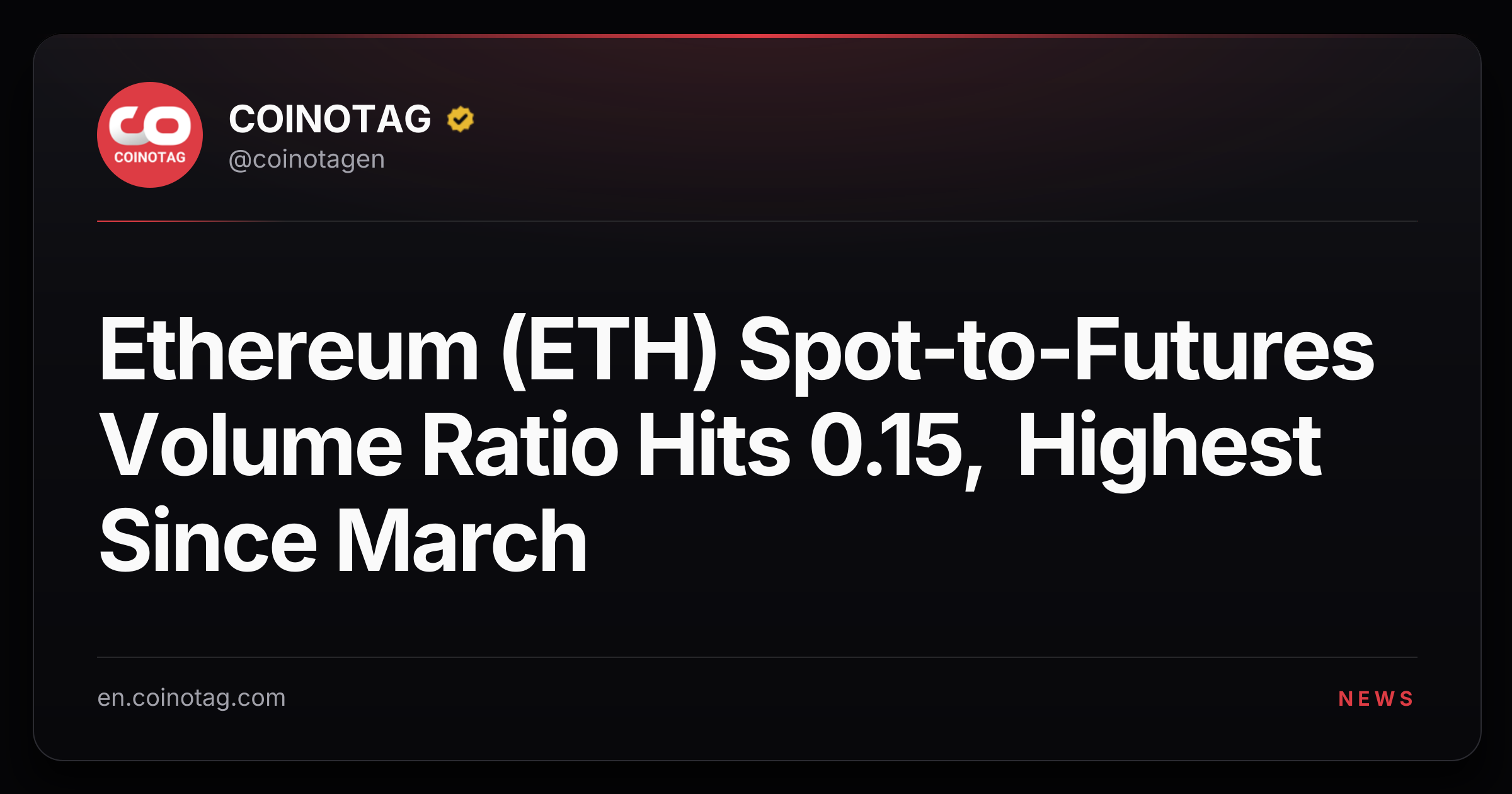 Ethereum (ETH) Spot-to-Futures Volume Ratio Hits 0.15, Highest Since March