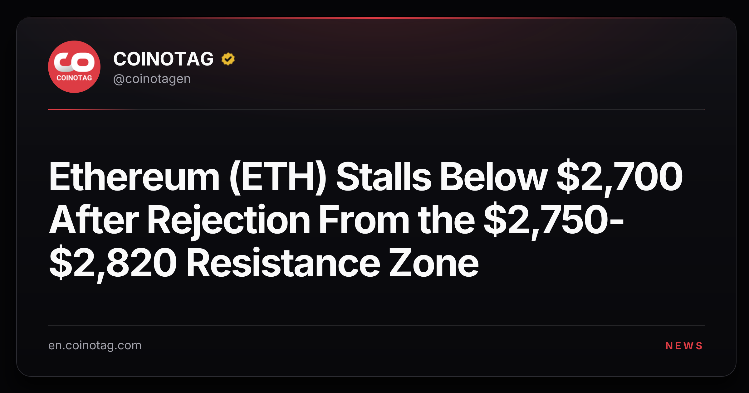 Ethereum (ETH) Stalls Below $2,700 After Rejection From the $2,750-$2,820 Resistance Zone