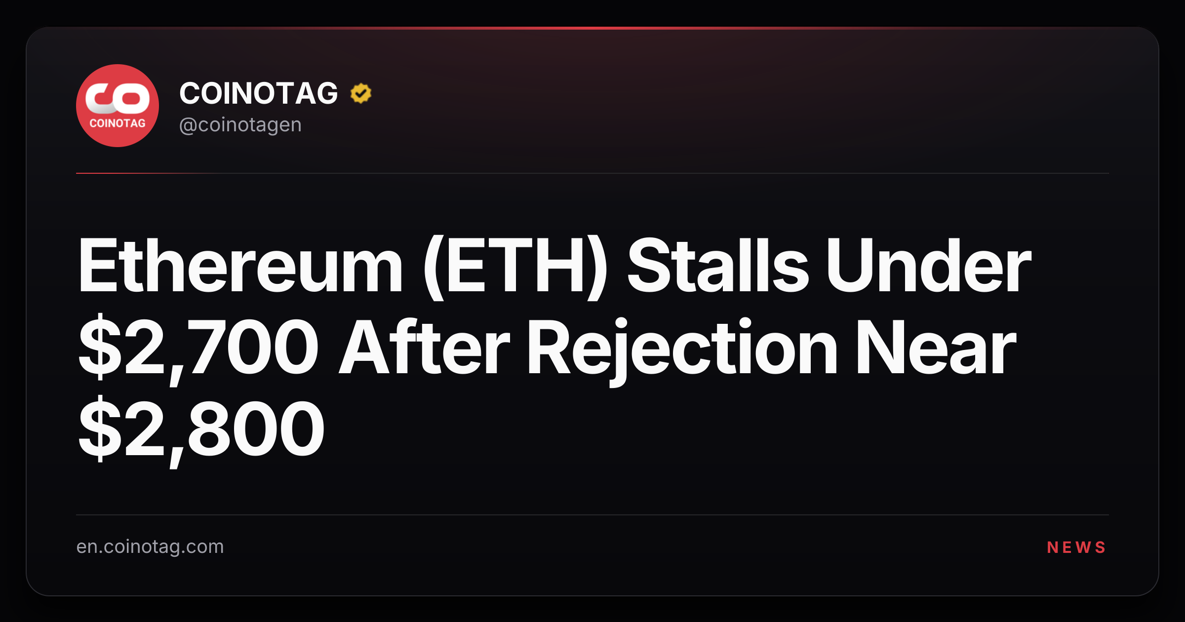 Ethereum (ETH) Stalls Under $2,700 After Rejection Near $2,800