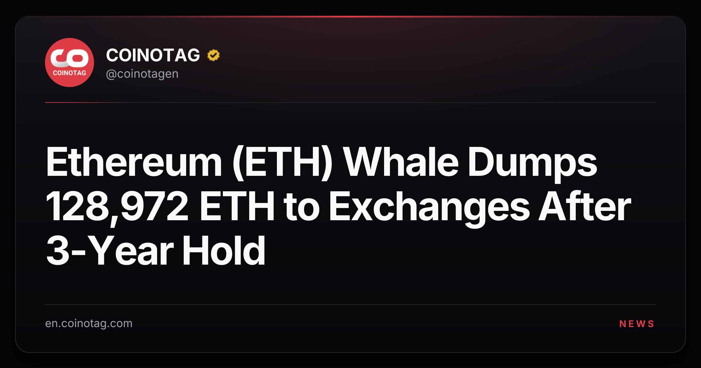 Ethereum (ETH) Whale Dumps 128,972 ETH to Exchanges After 3-Year Hold