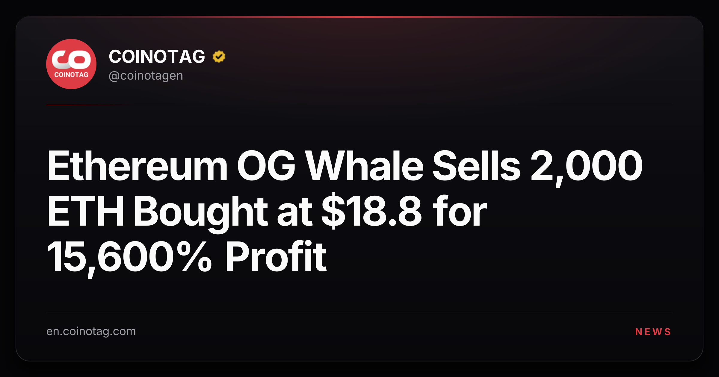 Ethereum OG Whale Sells 2,000 ETH Bought at $18.8 for 15,600% Profit