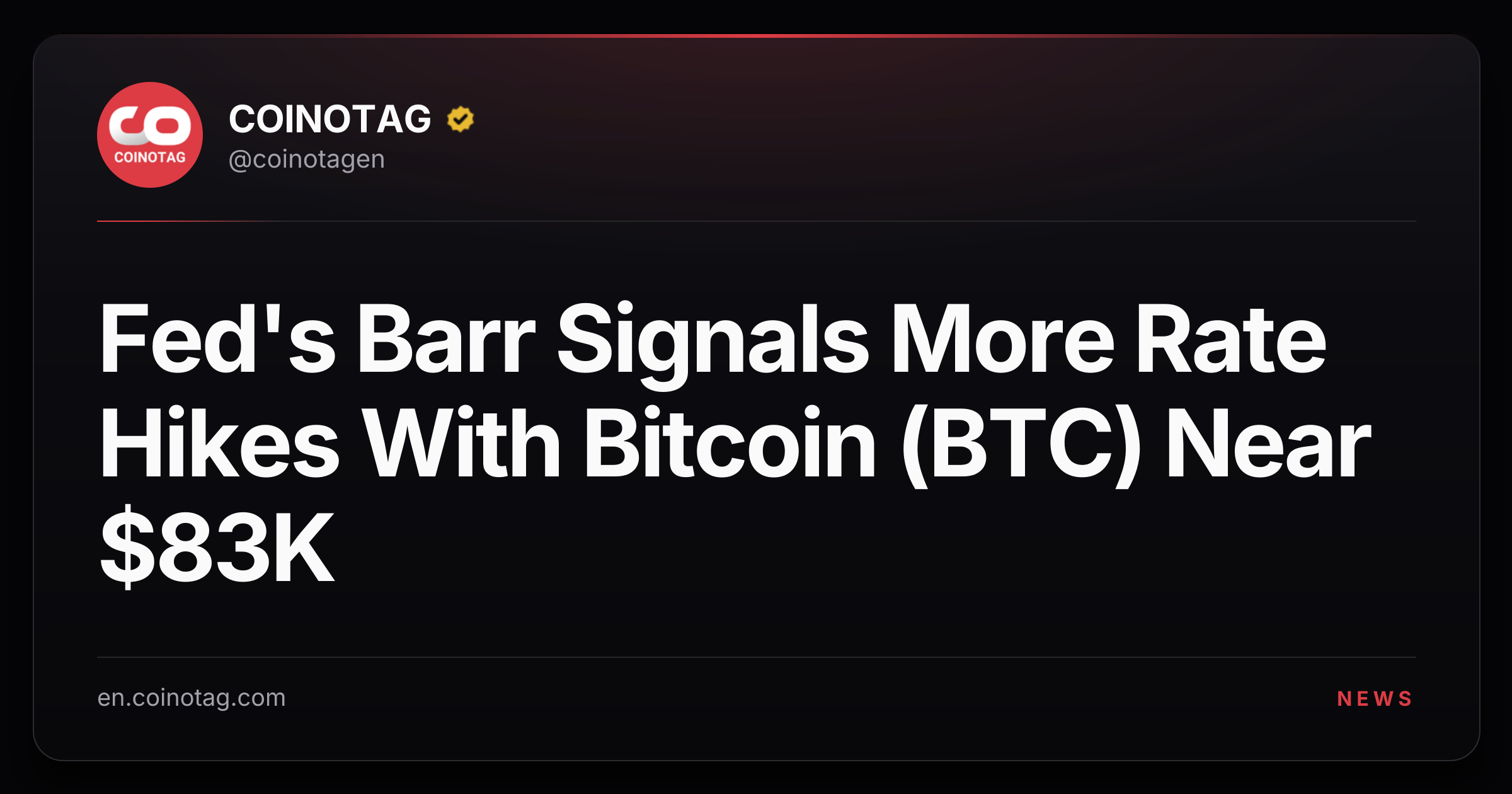 Fed's Barr Signals More Rate Hikes With Bitcoin (BTC) Near $83K