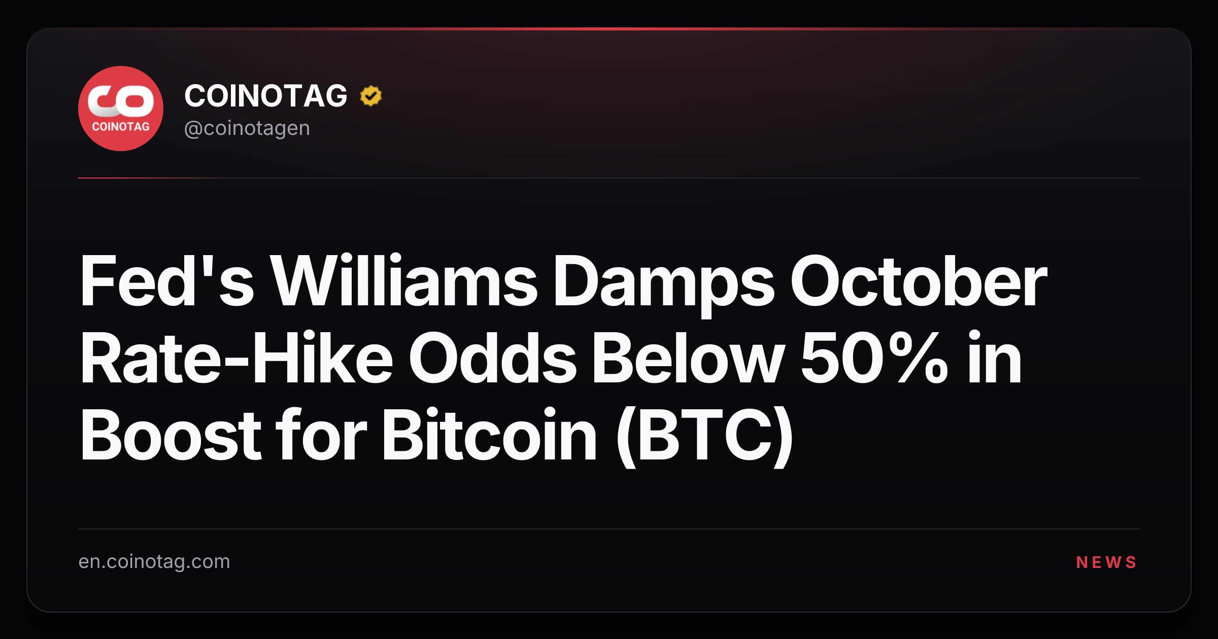 Fed's Williams Damps October Rate-Hike Odds Below 50% in Boost for Bitcoin (BTC)