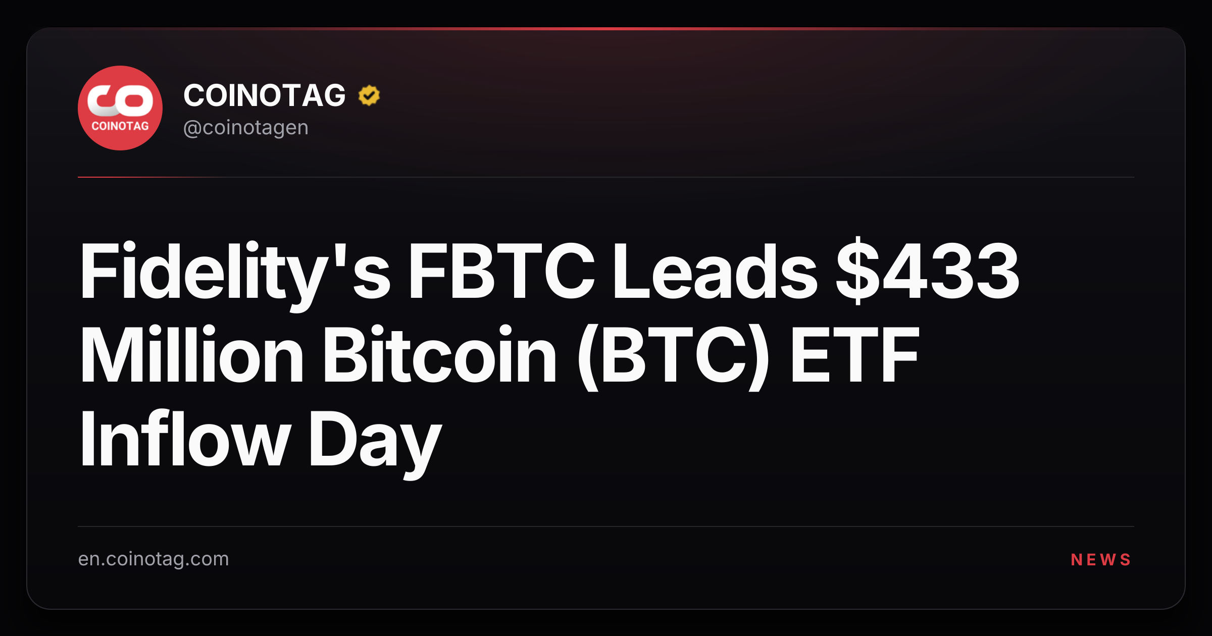 Fidelity's FBTC Leads $433 Million Bitcoin (BTC) ETF Inflow Day