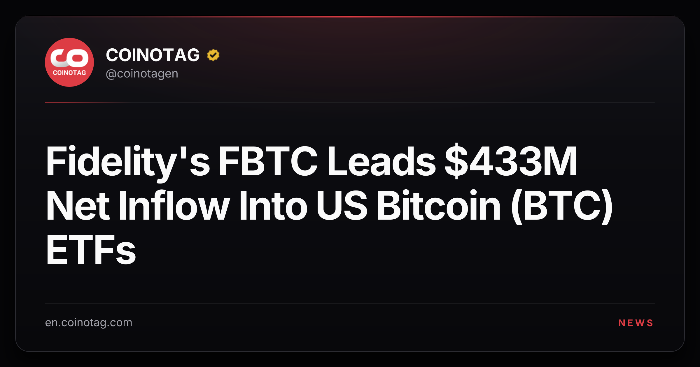 Fidelity's FBTC Leads $433M Net Inflow Into US Bitcoin (BTC) ETFs