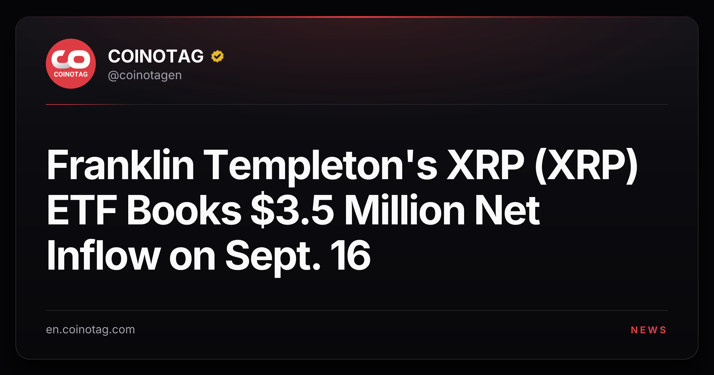 Franklin Templeton's XRP (XRP) ETF Books $3.5 Million Net Inflow on Sept. 16