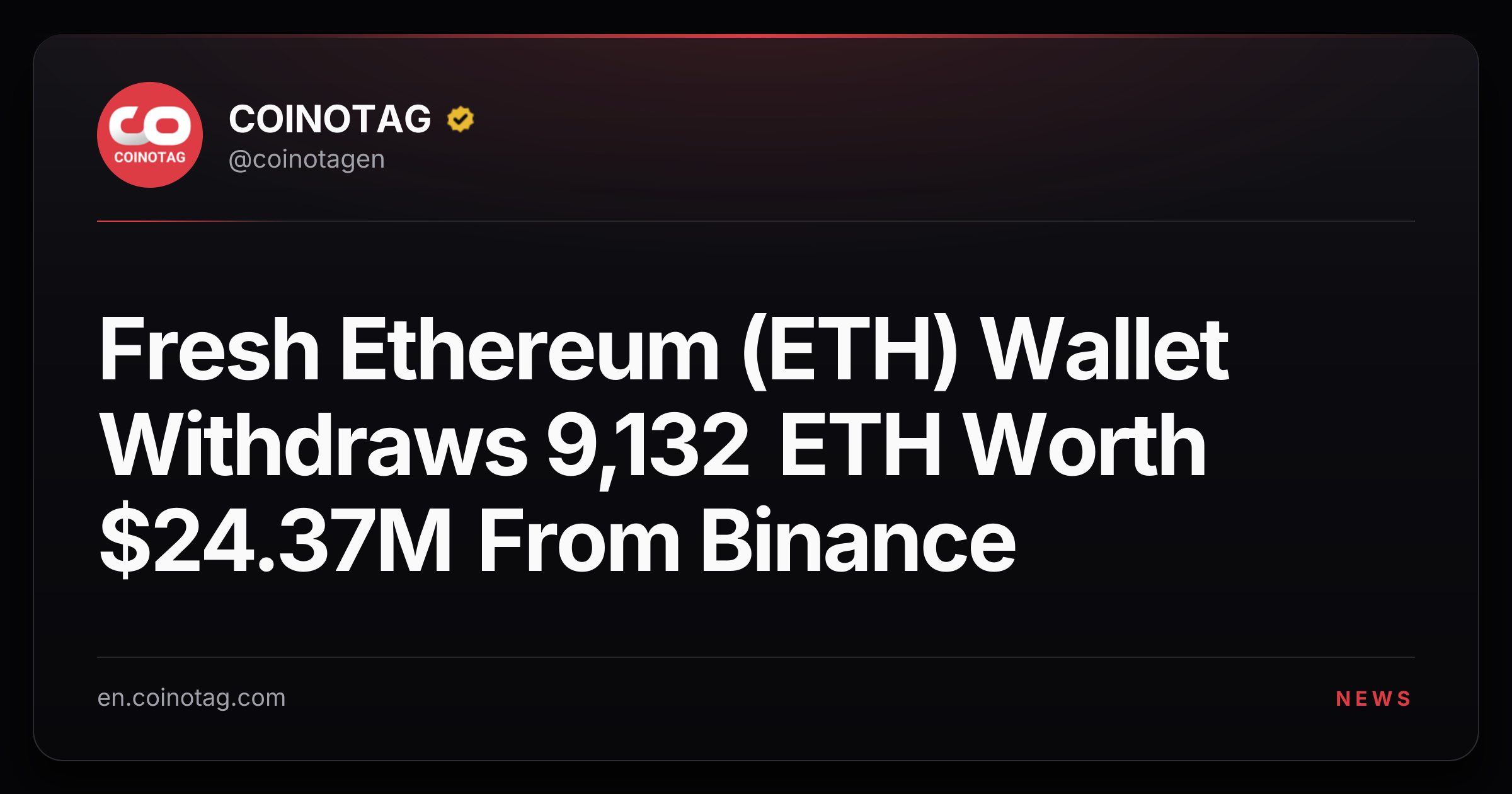 Fresh Ethereum (ETH) Wallet Withdraws 9,132 ETH Worth $24.37M From Binance