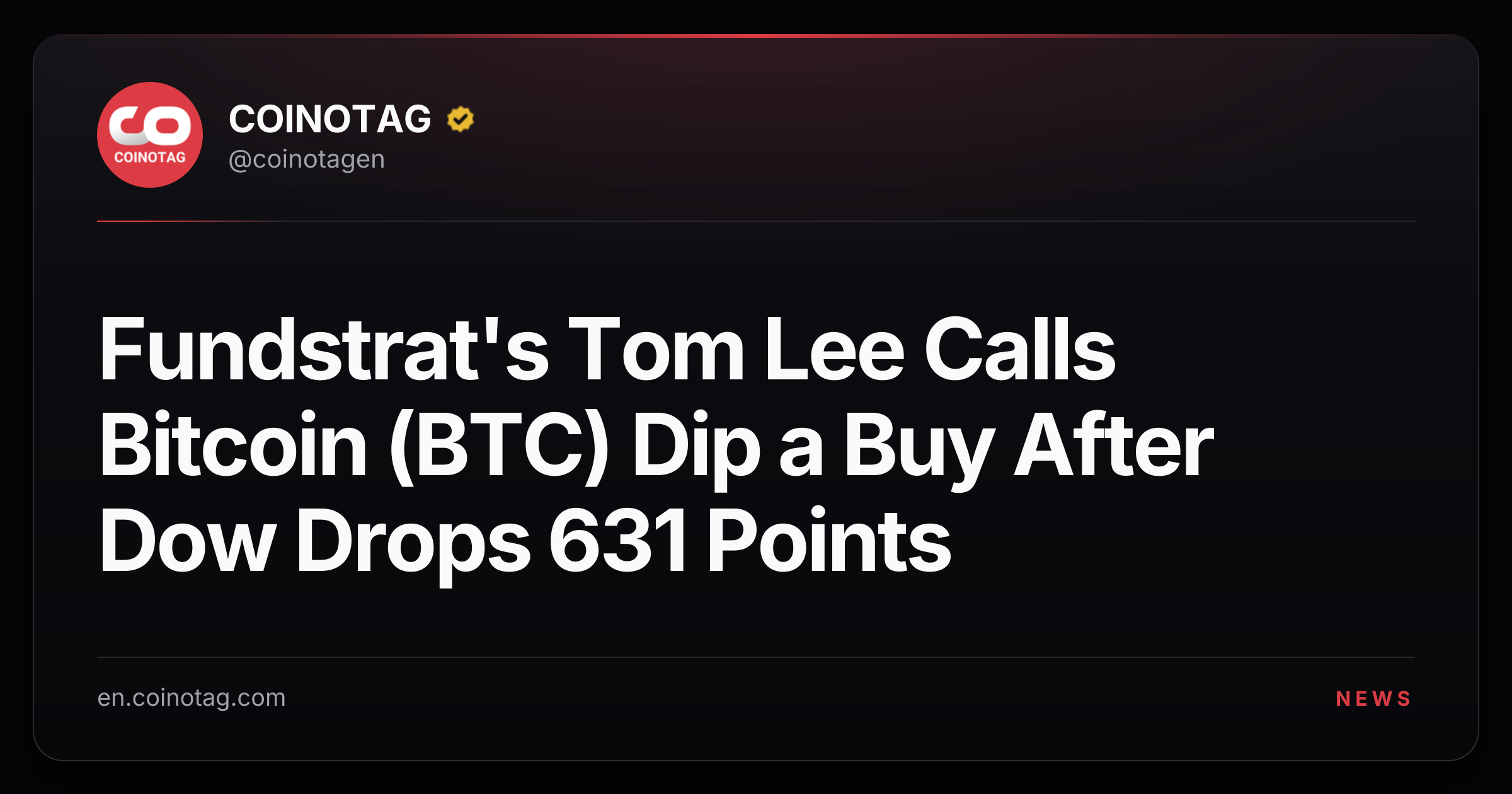 Fundstrat's Tom Lee Calls Bitcoin (BTC) Dip a Buy After Dow Drops 631 Points