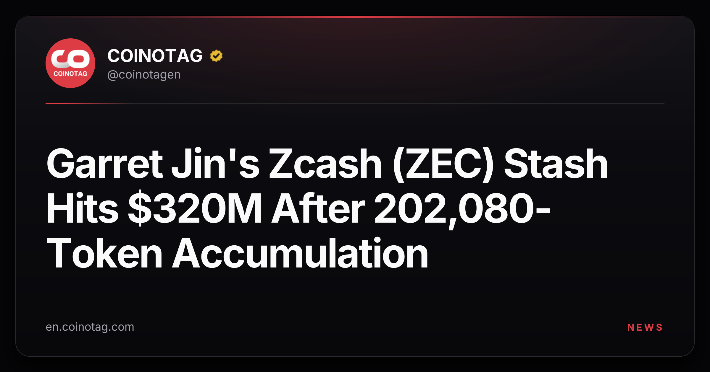 Garret Jin's Zcash (ZEC) Stash Hits $320M After 202,080-Token Accumulation
