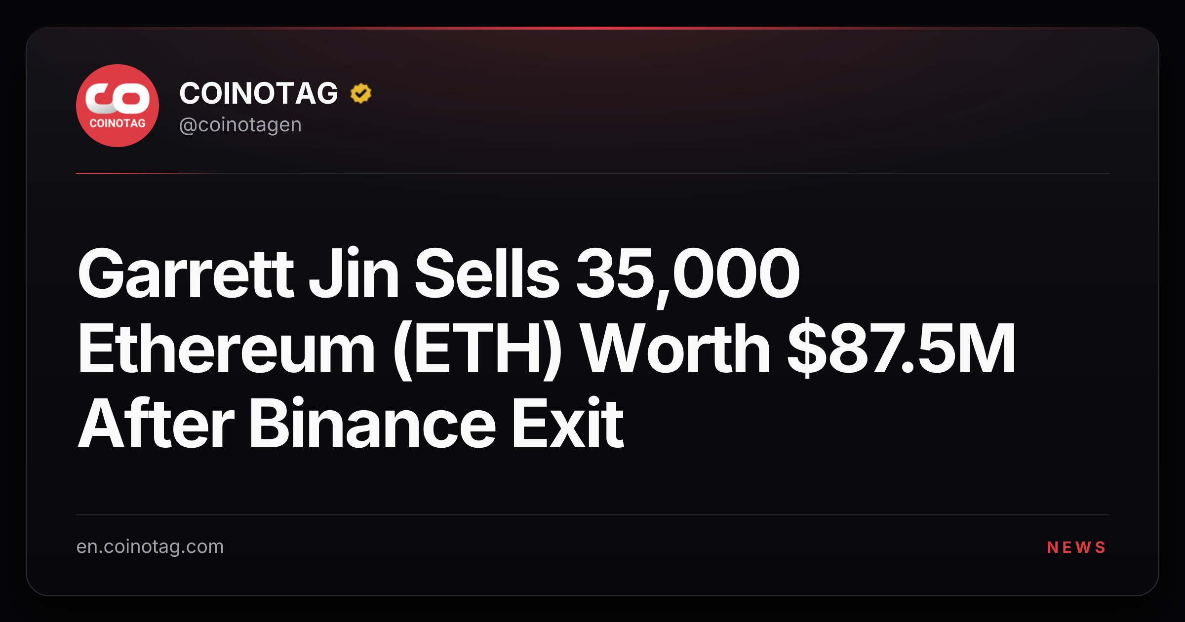 Garrett Jin Sells 35,000 Ethereum (ETH) Worth $87.5M After Binance Exit