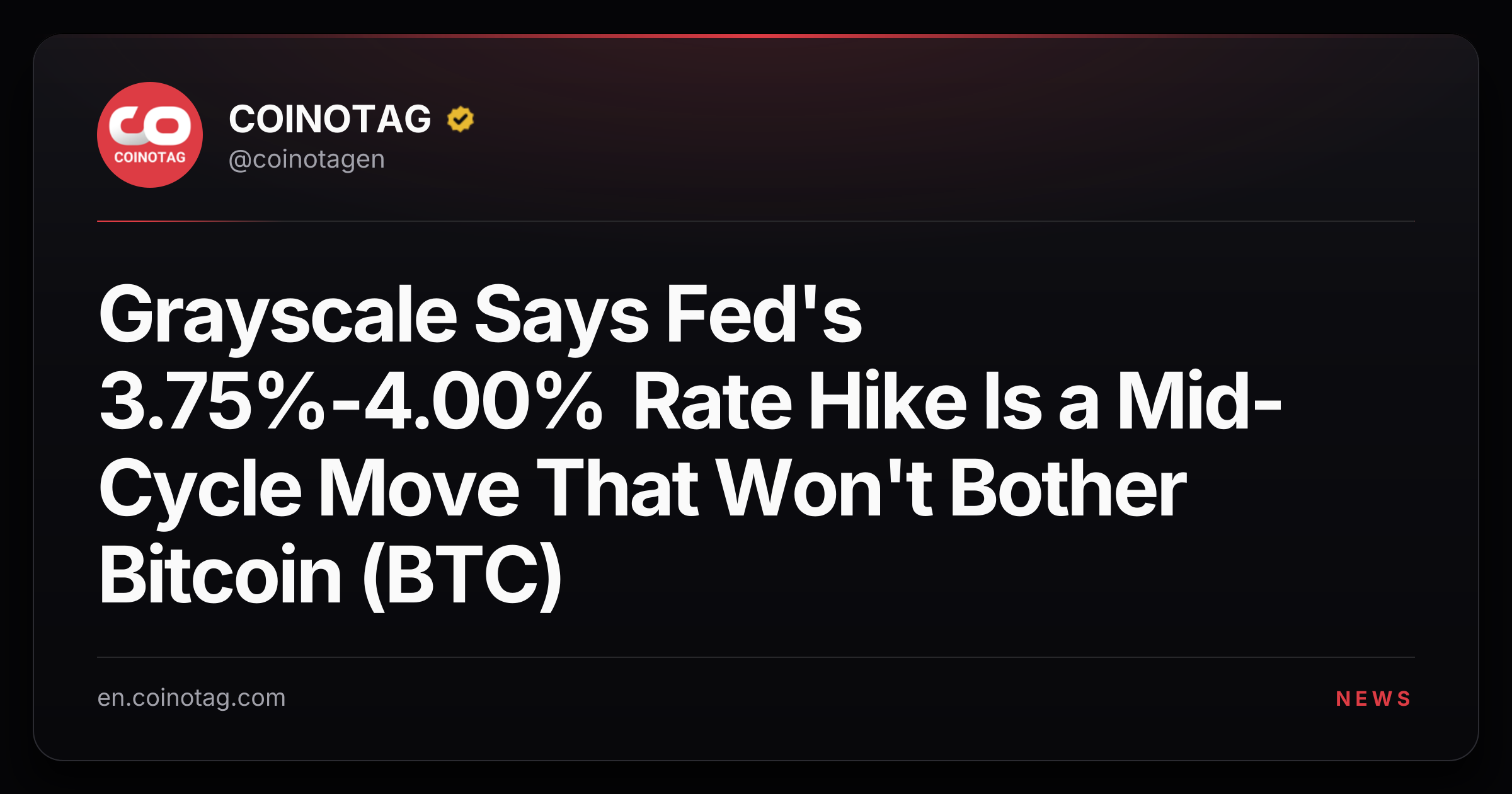 Grayscale Says Fed's 3.75%-4.00% Rate Hike Is a Mid-Cycle Move That Won't Bother Bitcoin (BTC)
