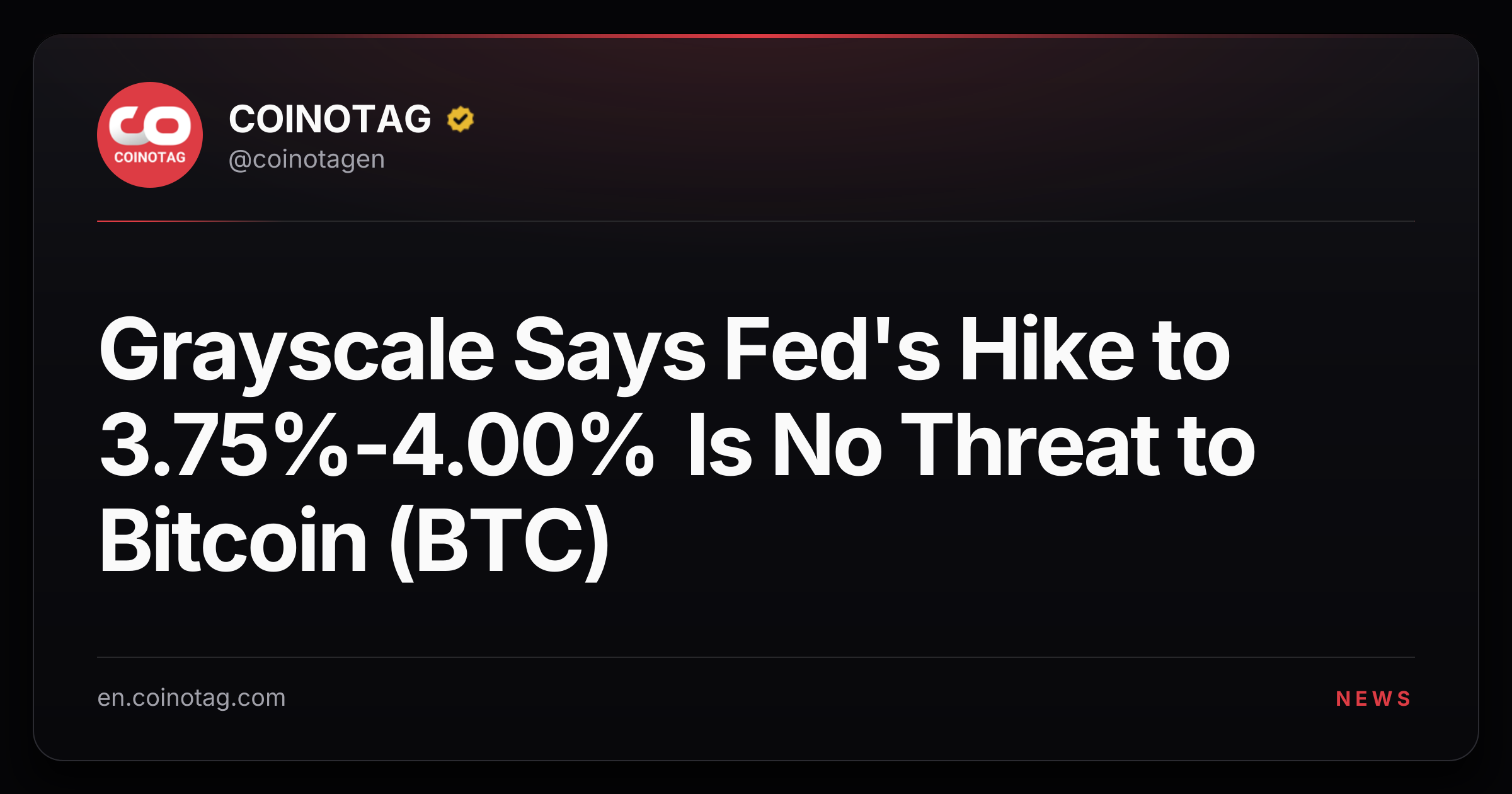 Grayscale Says Fed's Hike to 3.75%-4.00% Is No Threat to Bitcoin (BTC)