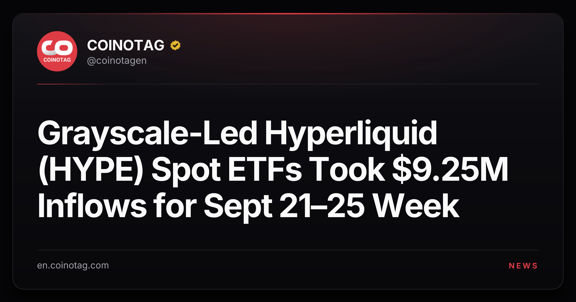 Grayscale-Led Hyperliquid (HYPE) Spot ETFs Took $9.25M Inflows for Sept 21–25 Week