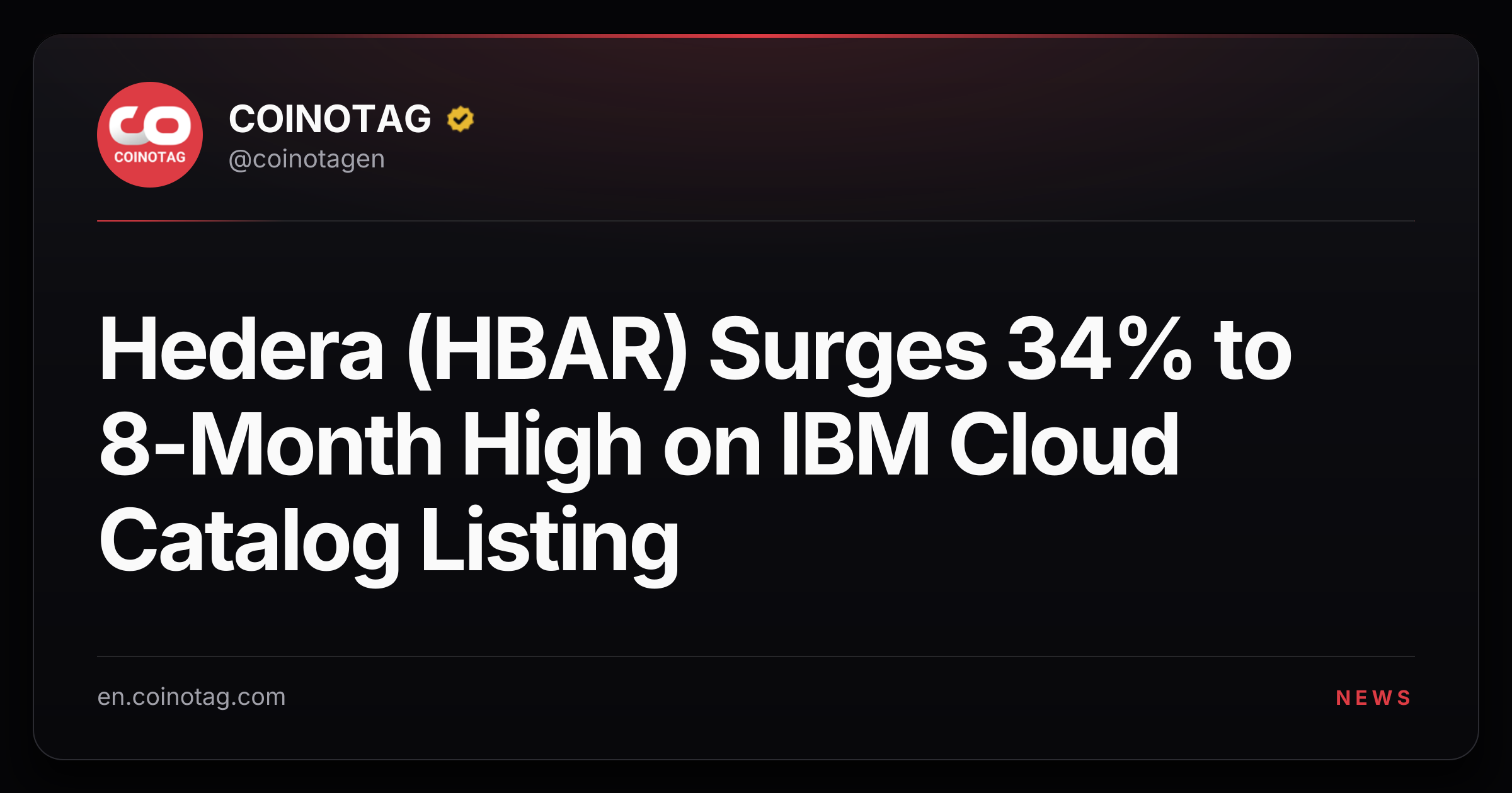 Hedera (HBAR) Surges 34% to 8-Month High on IBM Cloud Catalog Listing