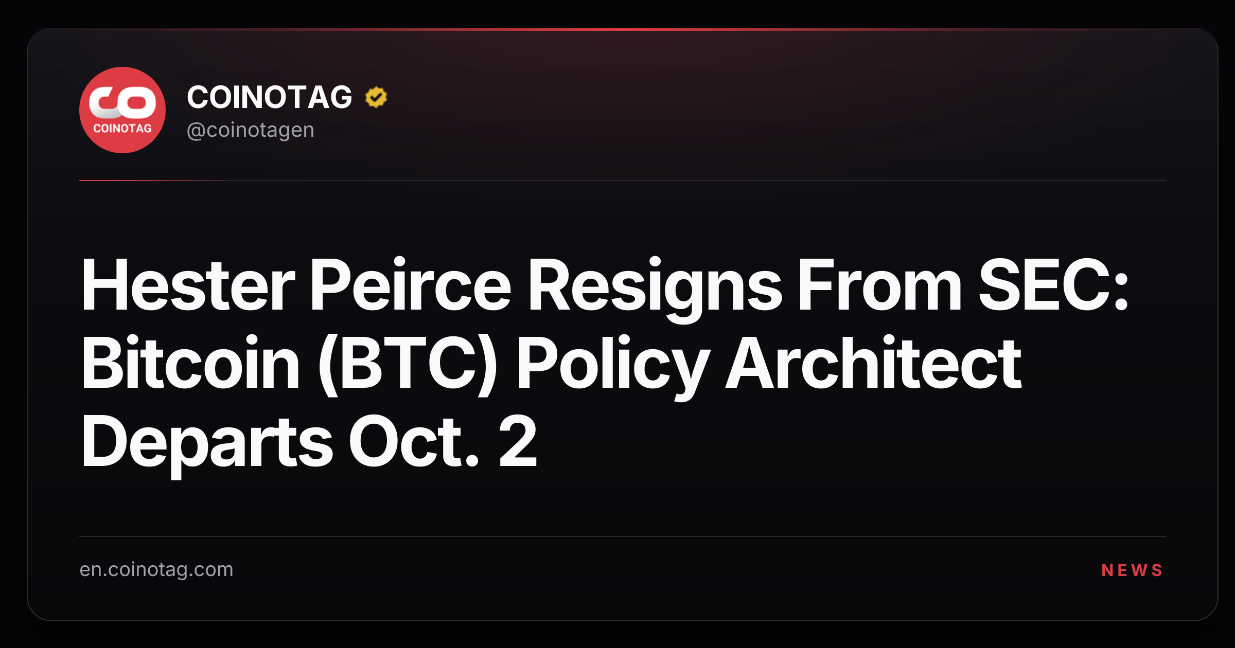 Hester Peirce Resigns From SEC: Bitcoin (BTC) Policy Architect Departs Oct. 2