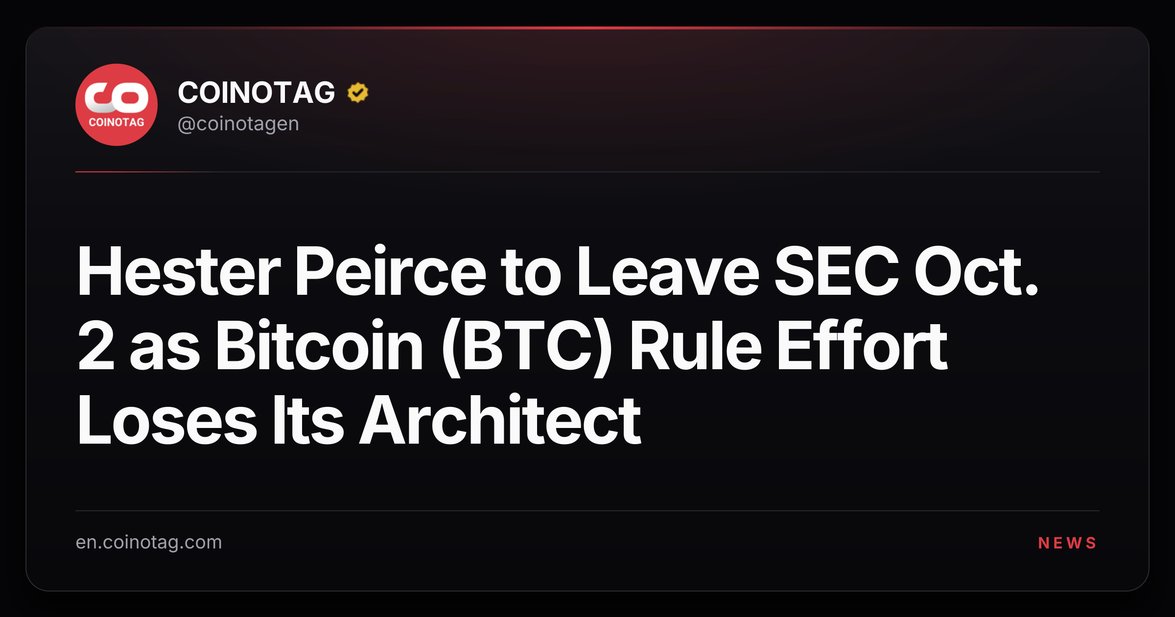 Hester Peirce to Leave SEC Oct. 2 as Bitcoin (BTC) Rule Effort Loses Its Architect