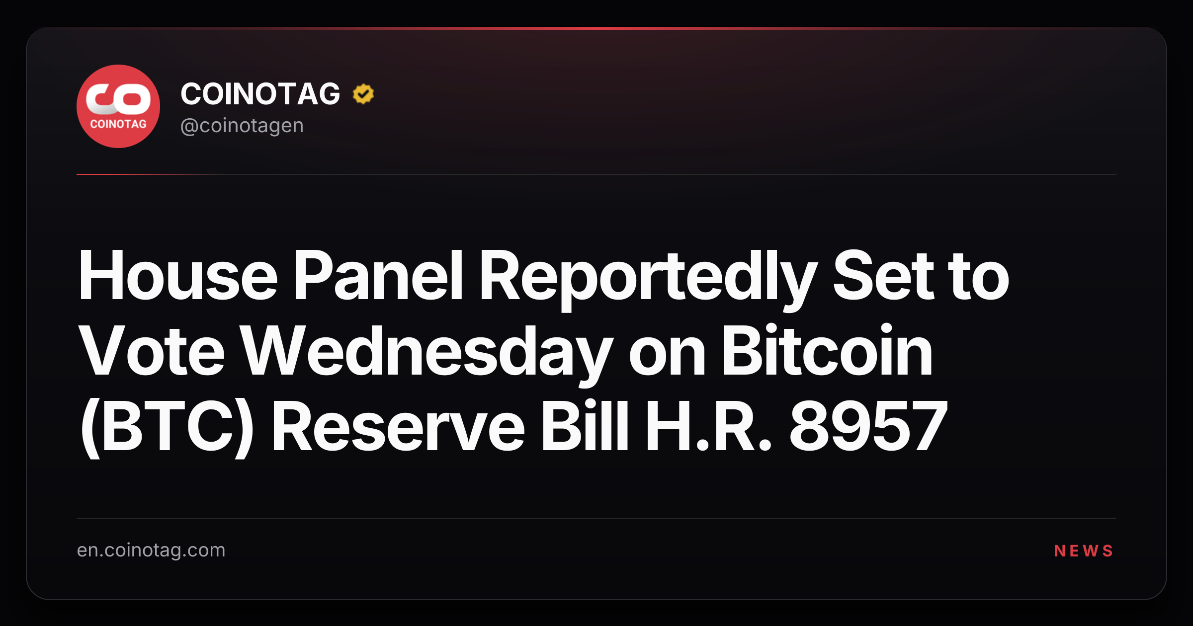 House Panel Reportedly Set to Vote Wednesday on Bitcoin (BTC) Reserve Bill H.R. 8957