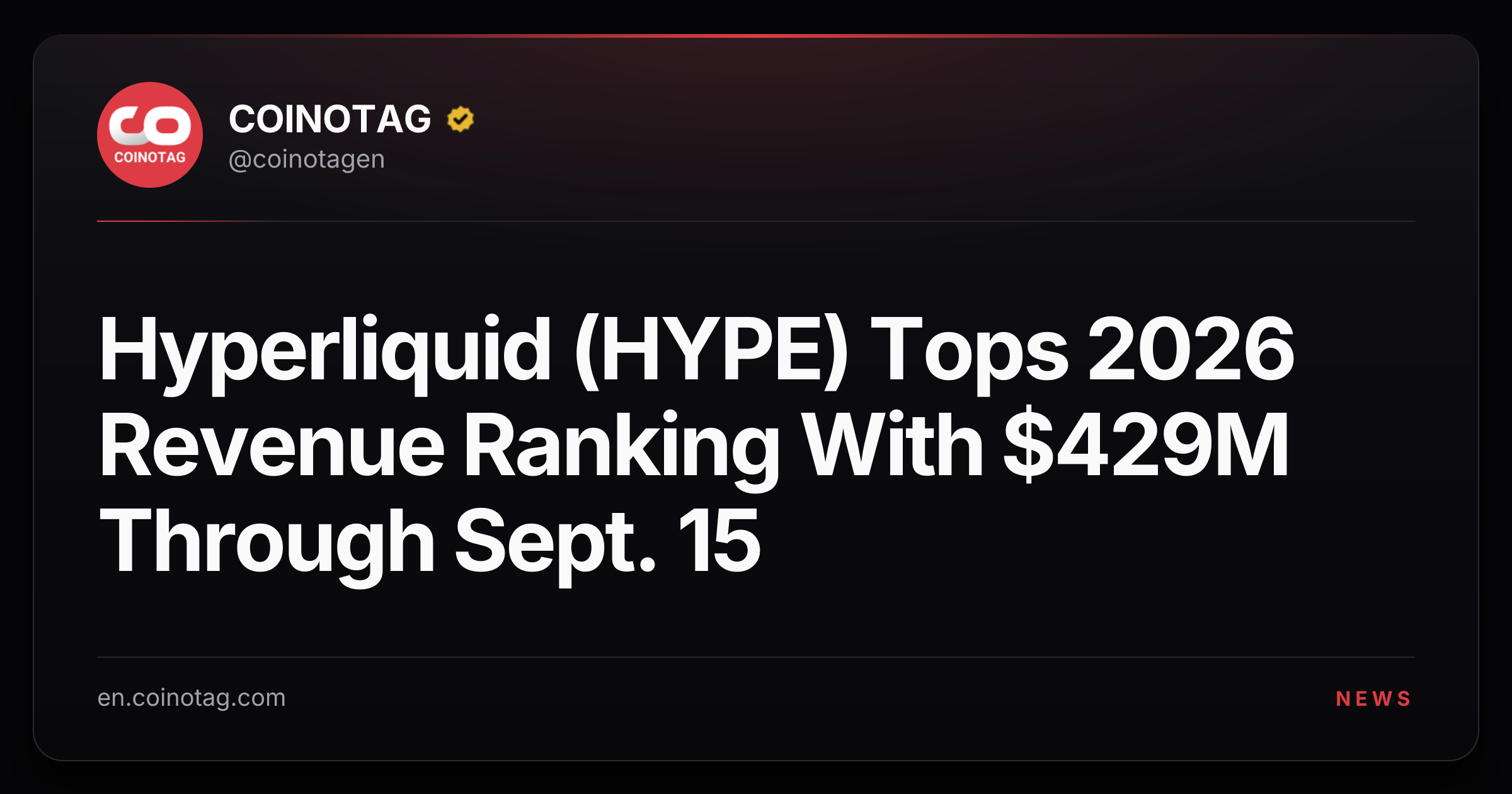Hyperliquid (HYPE) Tops 2026 Revenue Ranking With $429M Through Sept. 15