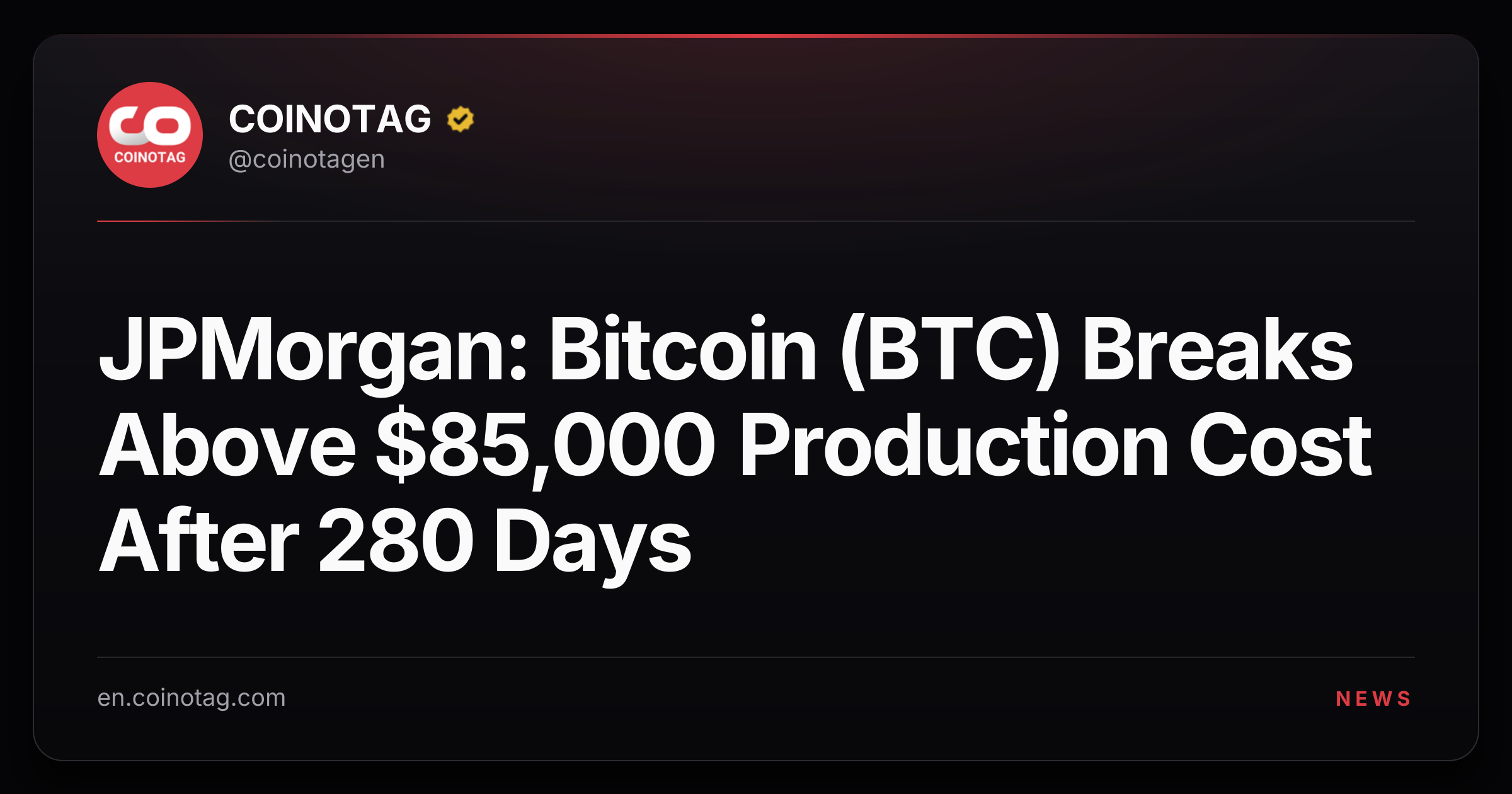 JPMorgan: Bitcoin (BTC) Breaks Above $85,000 Production Cost After 280 Days