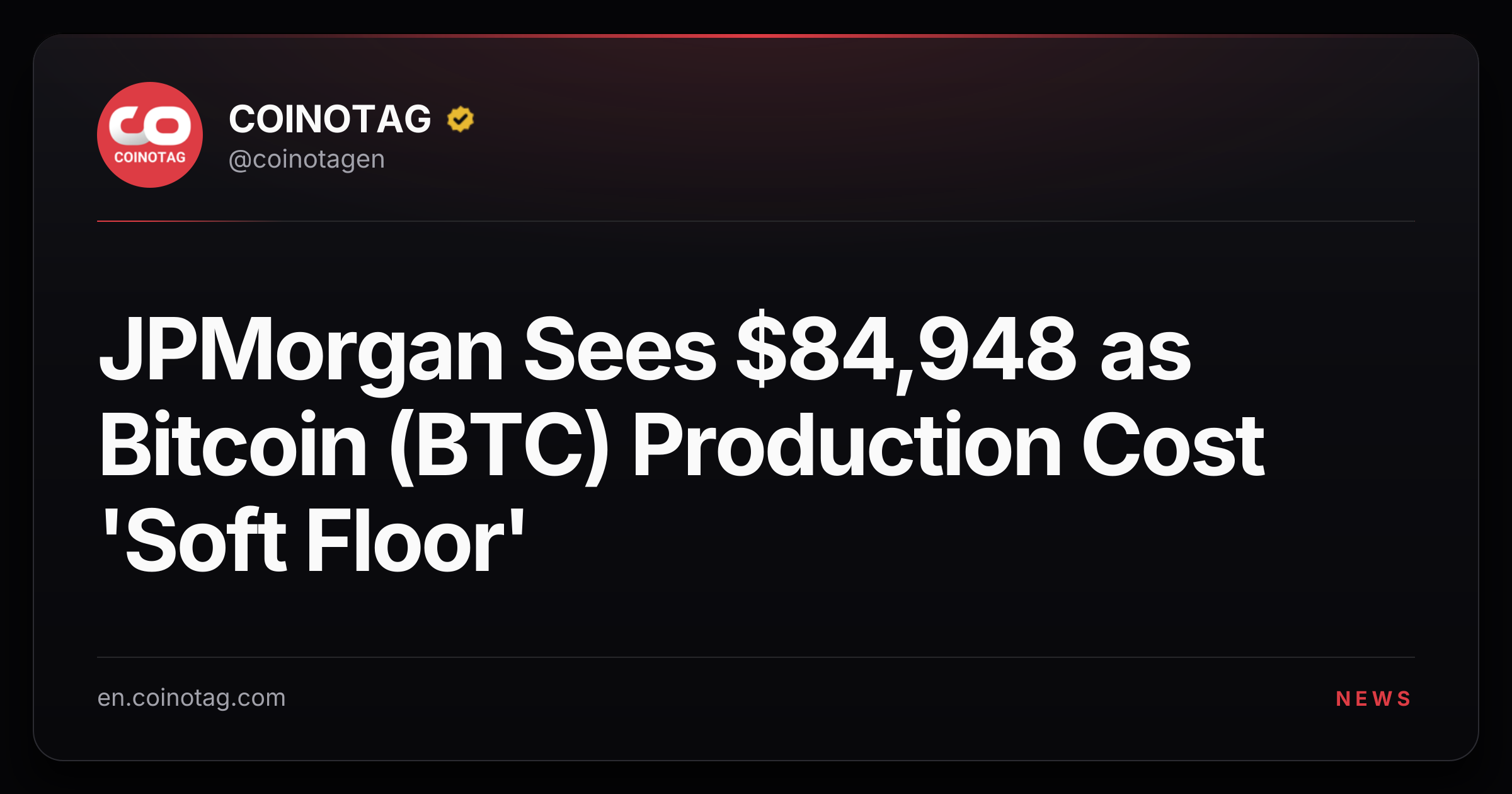 JPMorgan Sees $84,948 as Bitcoin (BTC) Production Cost 'Soft Floor'