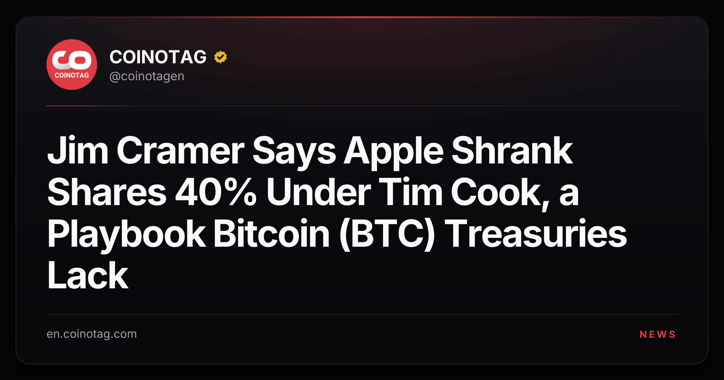 Jim Cramer Says Apple Shrank Shares 40% Under Tim Cook, a Playbook Bitcoin (BTC) Treasuries Lack