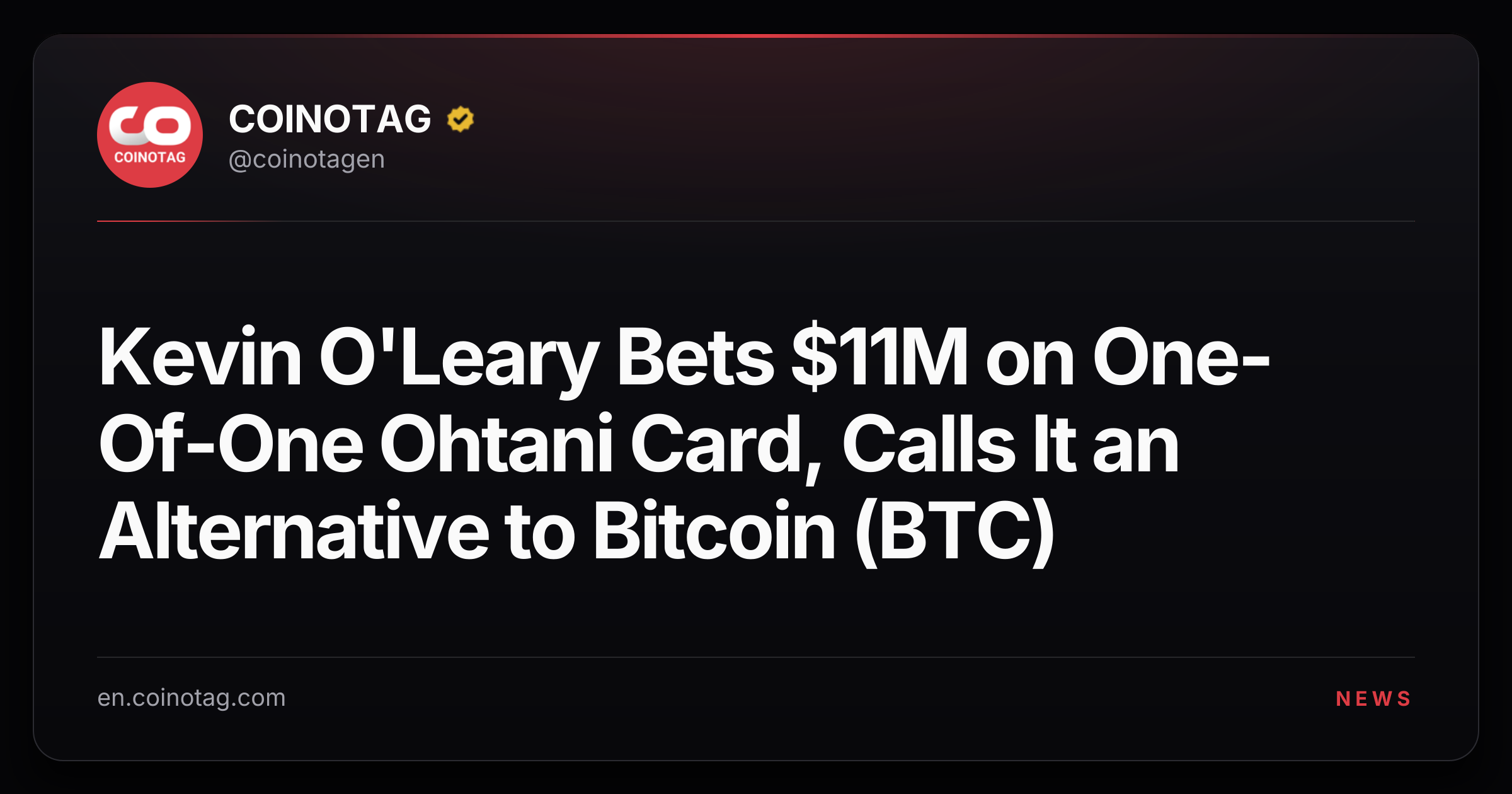 Kevin O'Leary Bets $11M on One-Of-One Ohtani Card, Calls It an Alternative to Bitcoin (BTC)