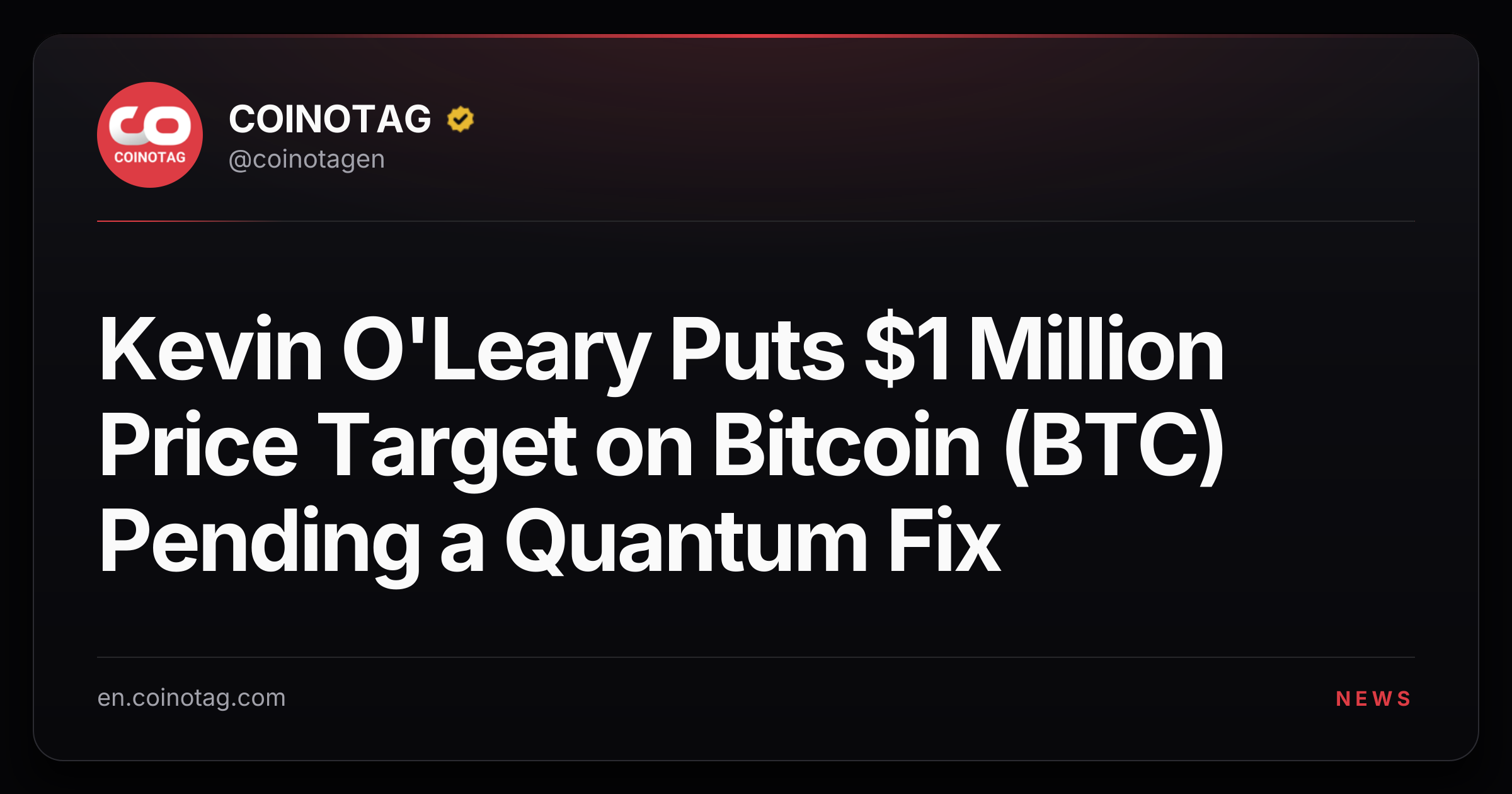 Kevin O'Leary Puts $1 Million Price Target on Bitcoin (BTC) Pending a Quantum Fix