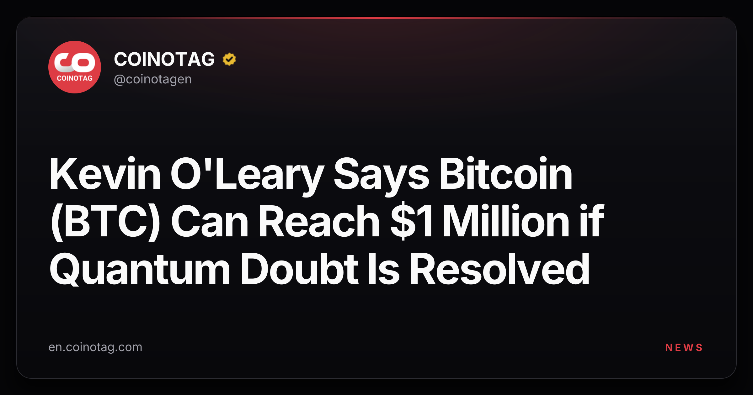 Kevin O'Leary Says Bitcoin (BTC) Can Reach $1 Million if Quantum Doubt Is Resolved