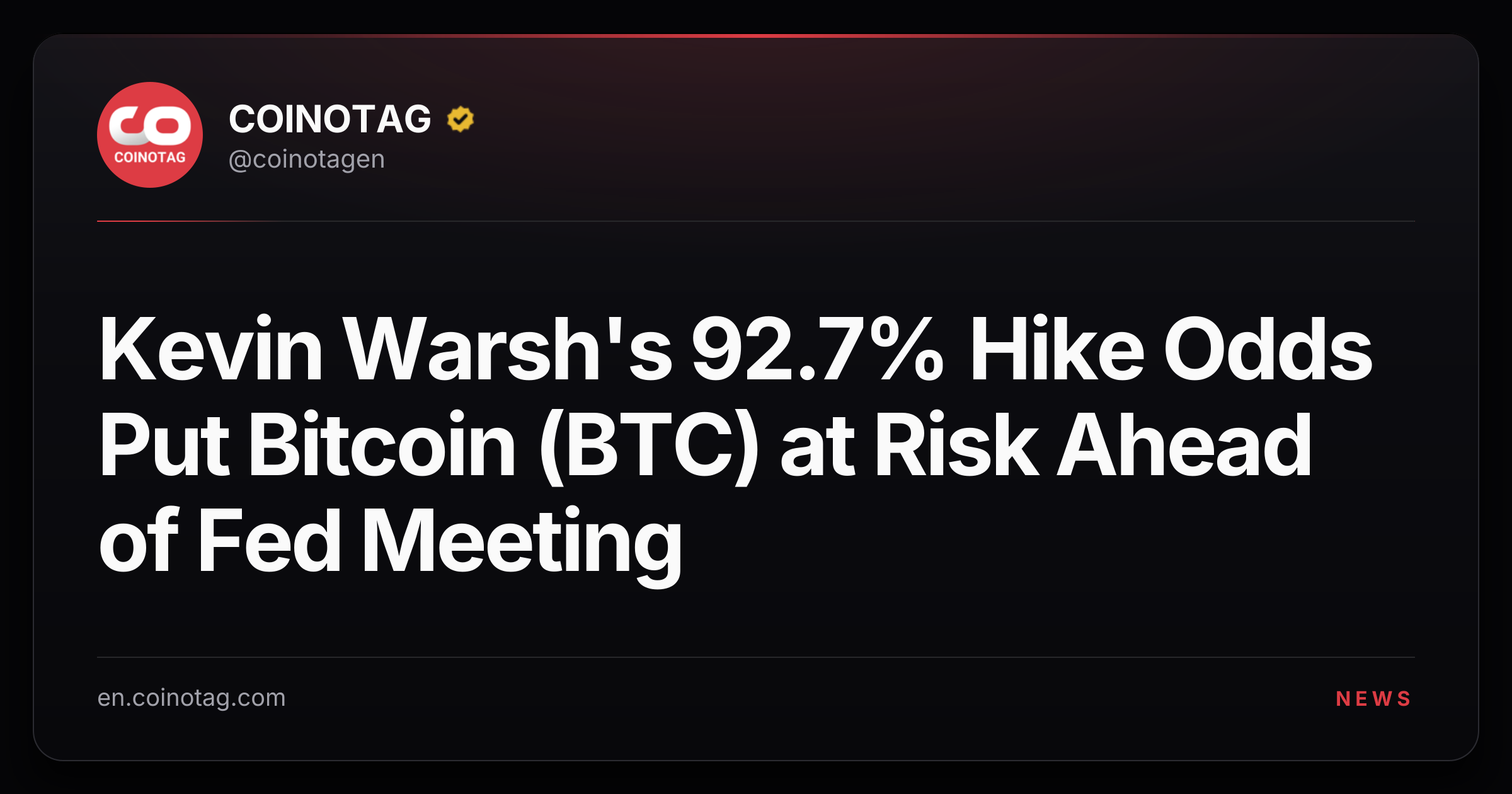 Kevin Warsh's 92.7% Hike Odds Put Bitcoin (BTC) at Risk Ahead of Fed Meeting