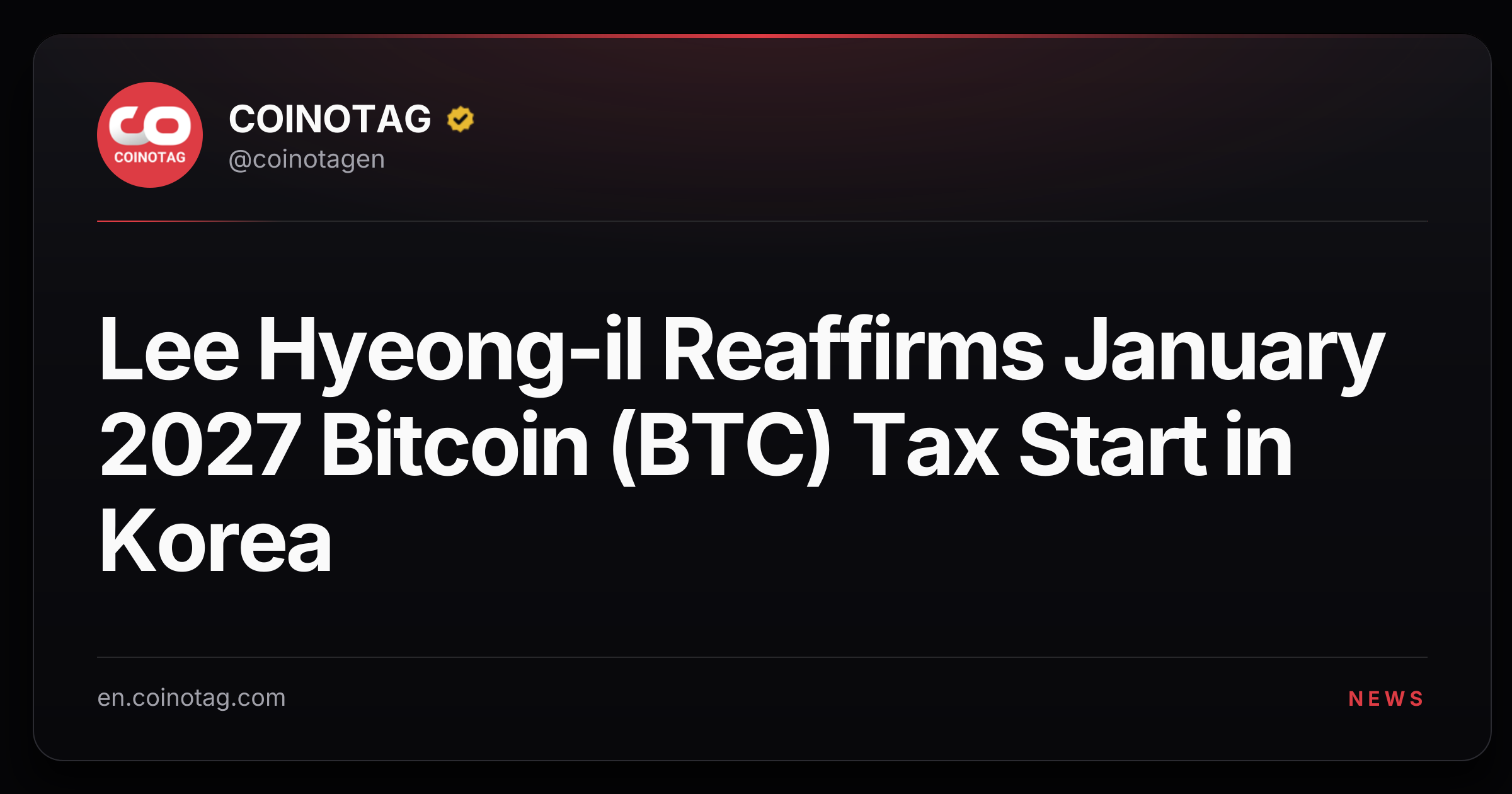 Lee Hyeong-il Reaffirms January 2027 Bitcoin (BTC) Tax Start in Korea