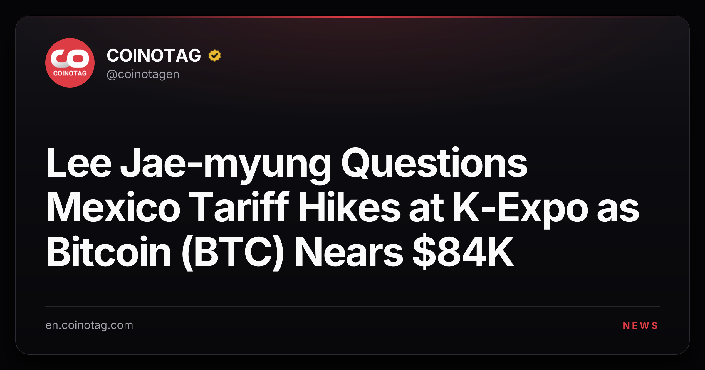 Lee Jae-myung Questions Mexico Tariff Hikes at K-Expo as Bitcoin (BTC) Nears $84K