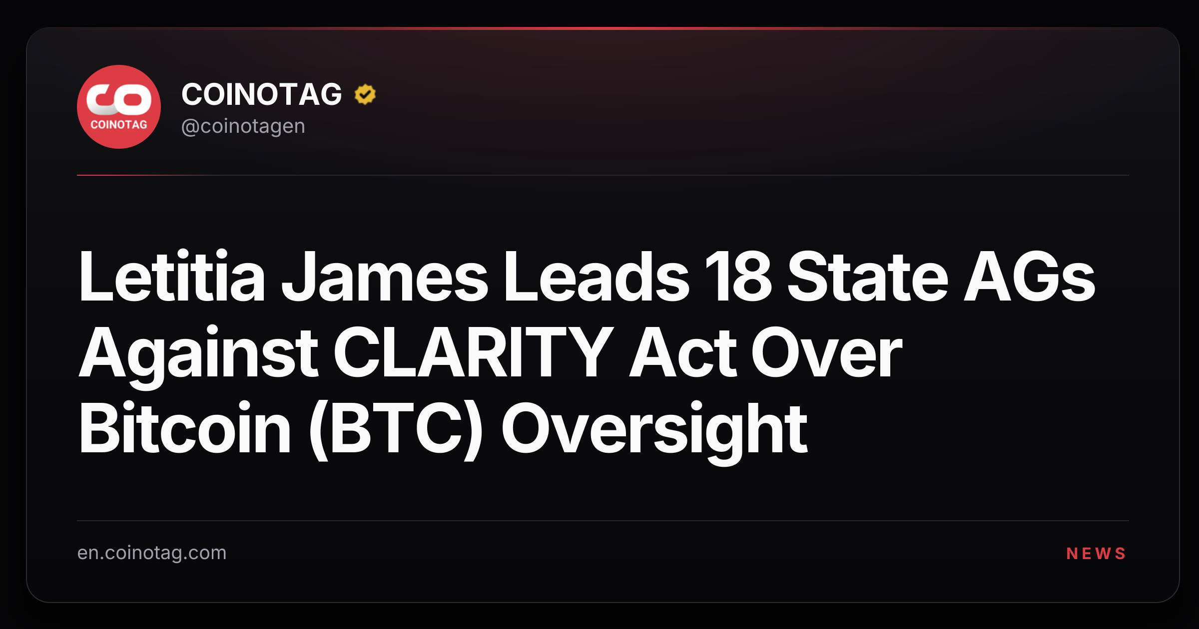 Letitia James Leads 18 State AGs Against CLARITY Act Over Bitcoin (BTC) Oversight