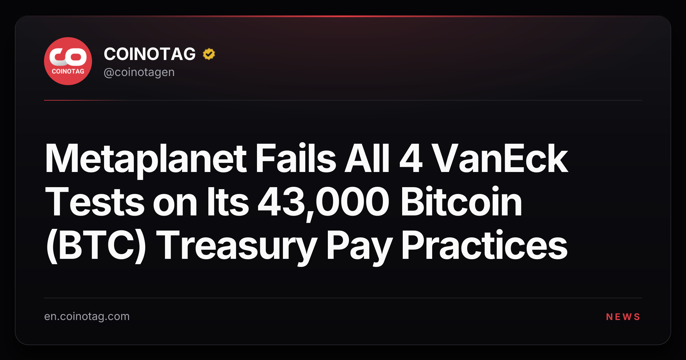Metaplanet Fails All 4 VanEck Tests on Its 43,000 Bitcoin (BTC) Treasury Pay Practices