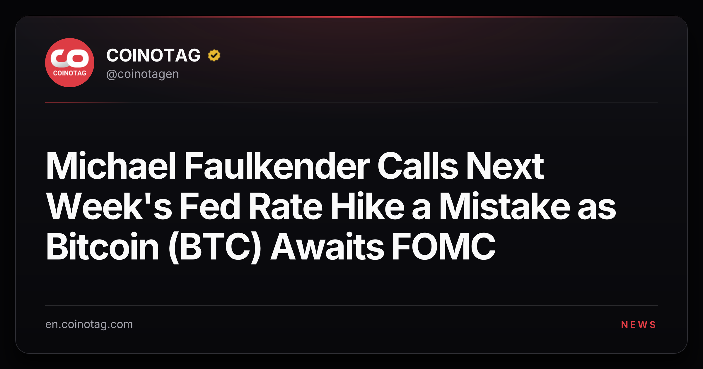 Michael Faulkender Calls Next Week's Fed Rate Hike a Mistake as Bitcoin (BTC) Awaits FOMC