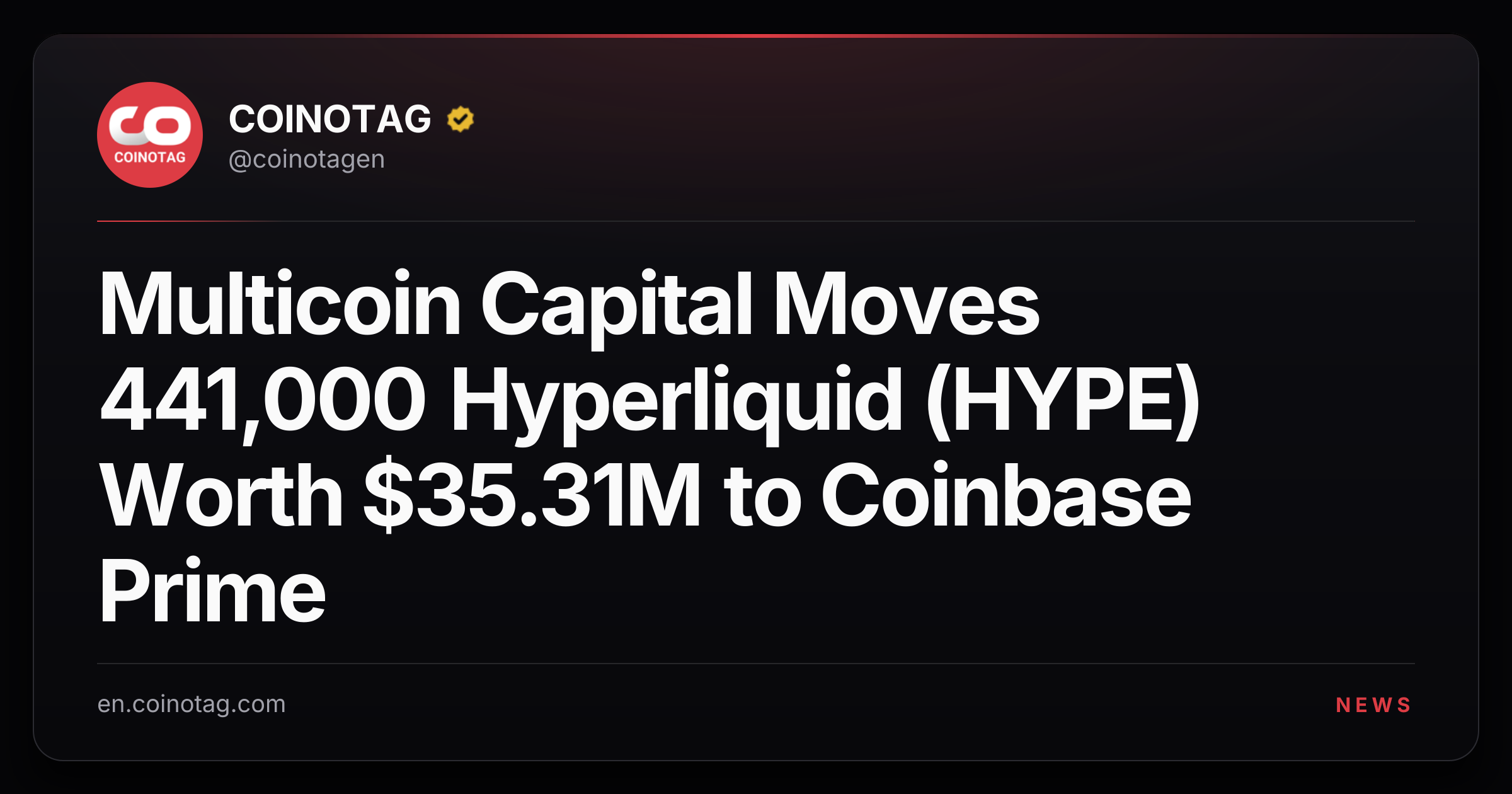 Multicoin Capital Moves 441,000 Hyperliquid (HYPE) Worth $35.31M to Coinbase Prime