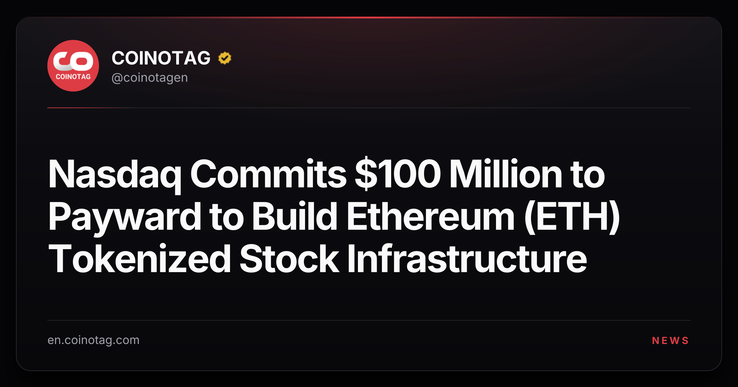 Nasdaq Commits $100 Million to Payward to Build Ethereum (ETH) Tokenized Stock Infrastructure