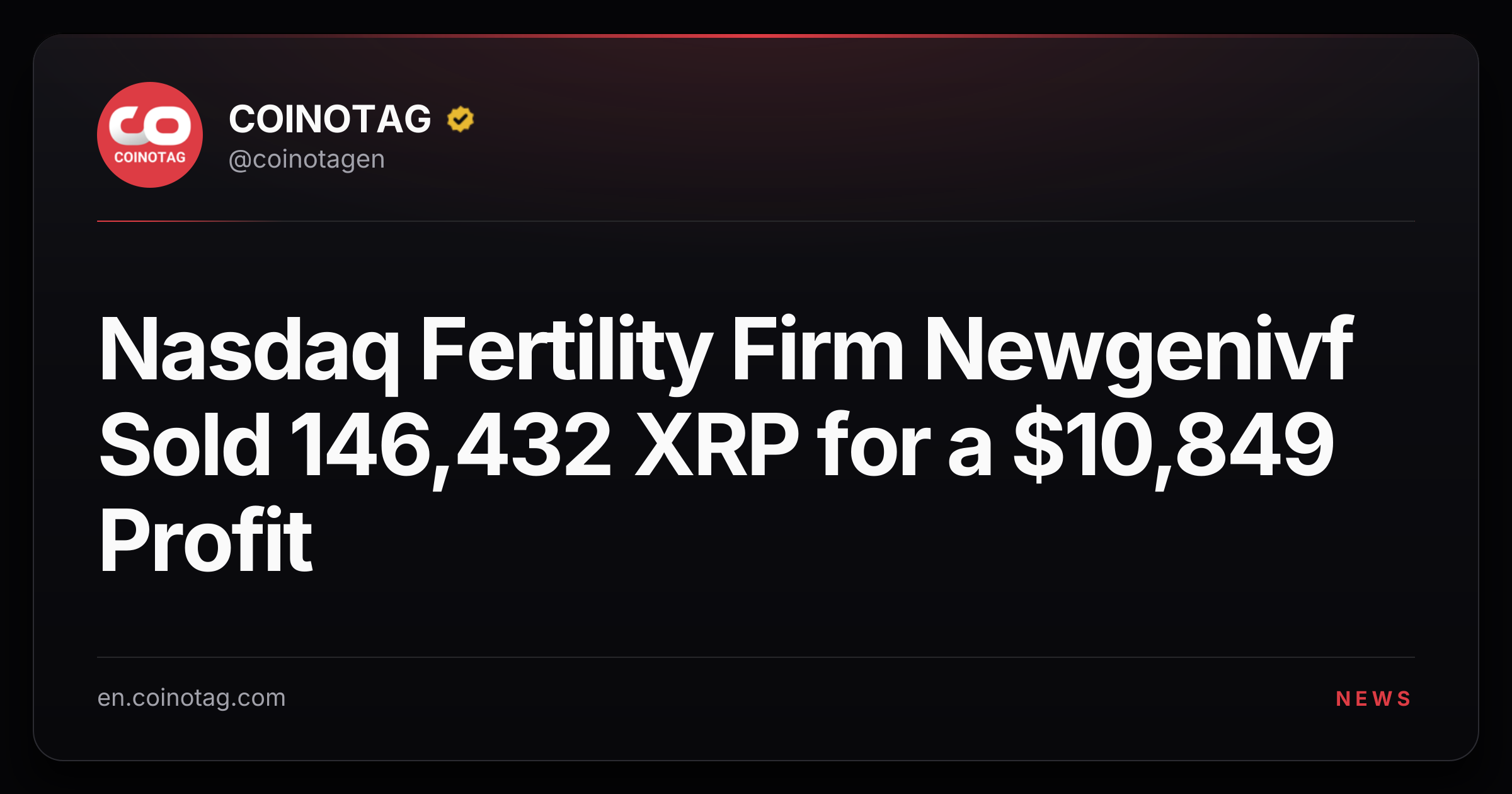 Nasdaq Fertility Firm Newgenivf Sold 146,432 XRP for a $10,849 Profit
