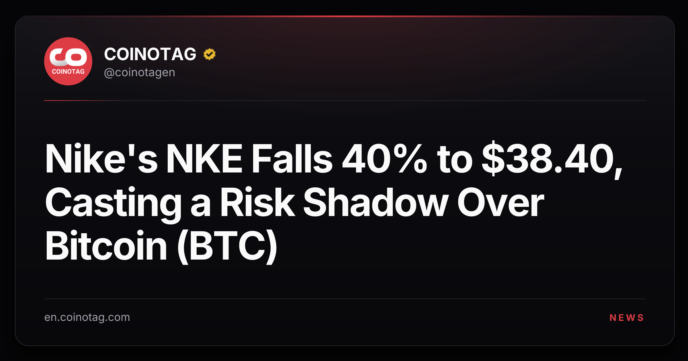 Nike's NKE Falls 40% to $38.40, Casting a Risk Shadow Over Bitcoin (BTC)