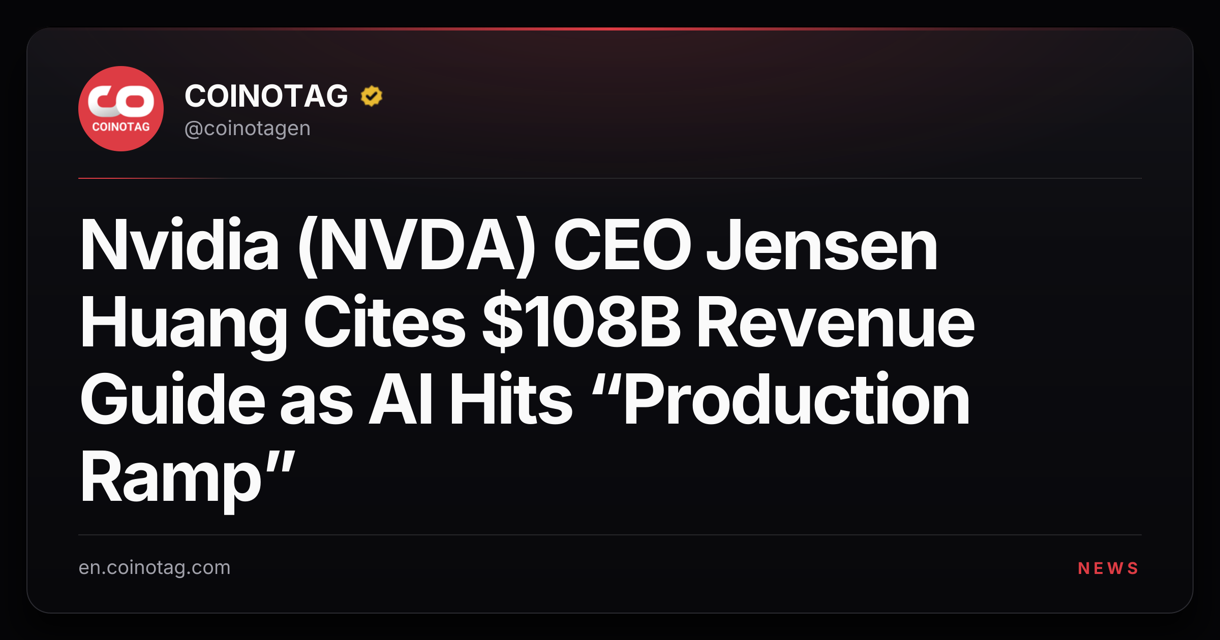 Nvidia (NVDA) CEO Jensen Huang Cites $108B Revenue Guide as AI Hits “Production Ramp”