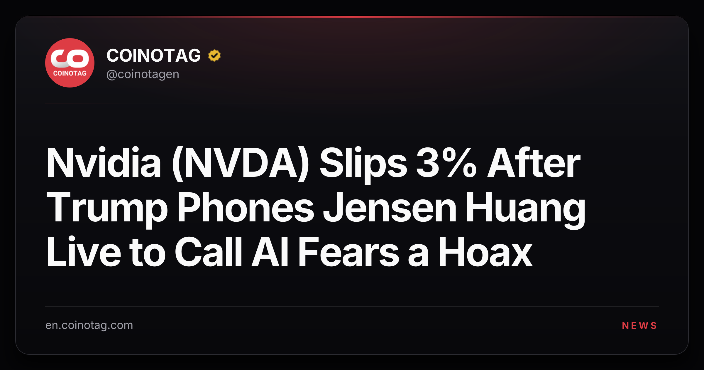 Nvidia (NVDA) Slips 3% After Trump Phones Jensen Huang Live to Call AI Fears a Hoax