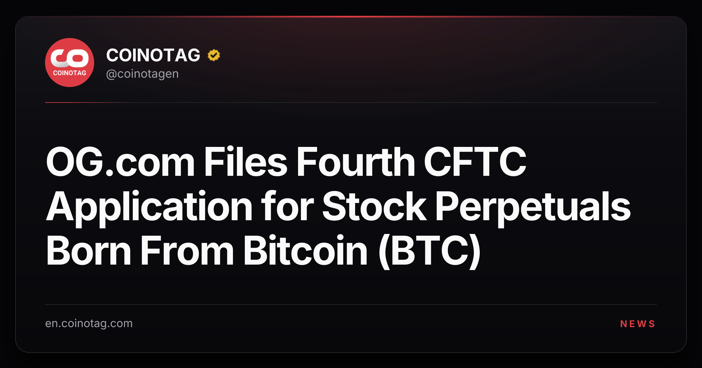 OG.com Files Fourth CFTC Application for Stock Perpetuals Born From Bitcoin (BTC)