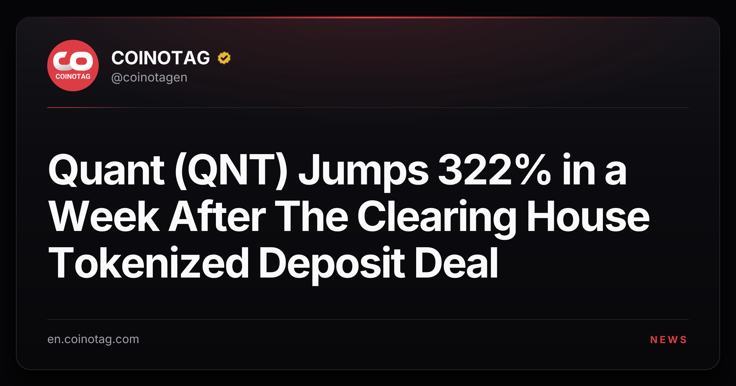 Quant (QNT) Jumps 322% in a Week After The Clearing House Tokenized Deposit Deal